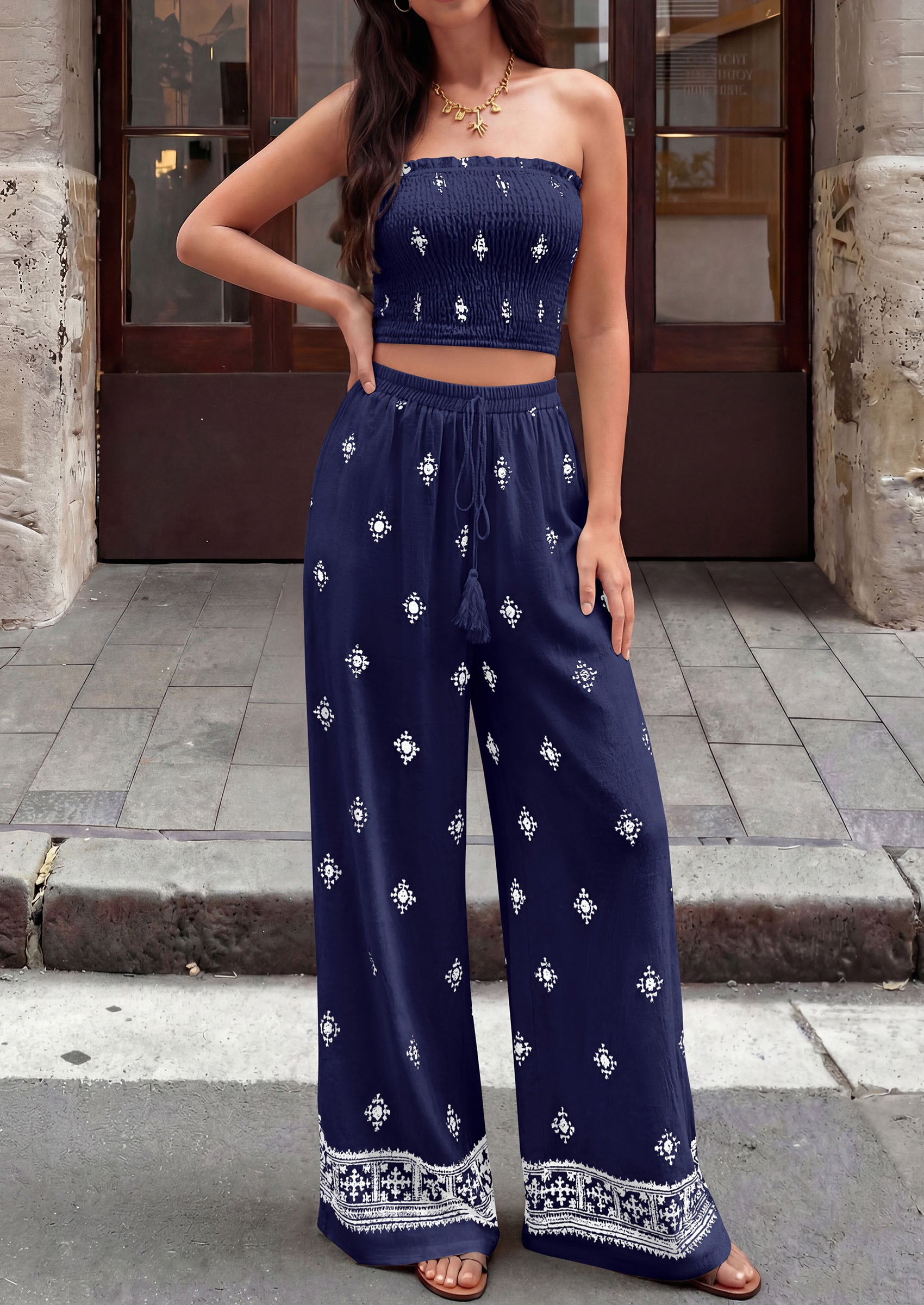 PRETTYGARDEN 2 Piece Sets for women Summer 2026 Travel Outfits Print Tube Tops Wide Leg Pants Beach Vacation Clothes