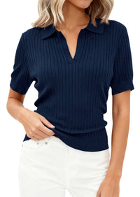 PRETTYGARDEN Women's Short Sleeve Sweater 2026 Spring Polo Shirts Ribbed Knit V Neck Business Casual Tops Summer Work Clothes PRETTYGARDEN