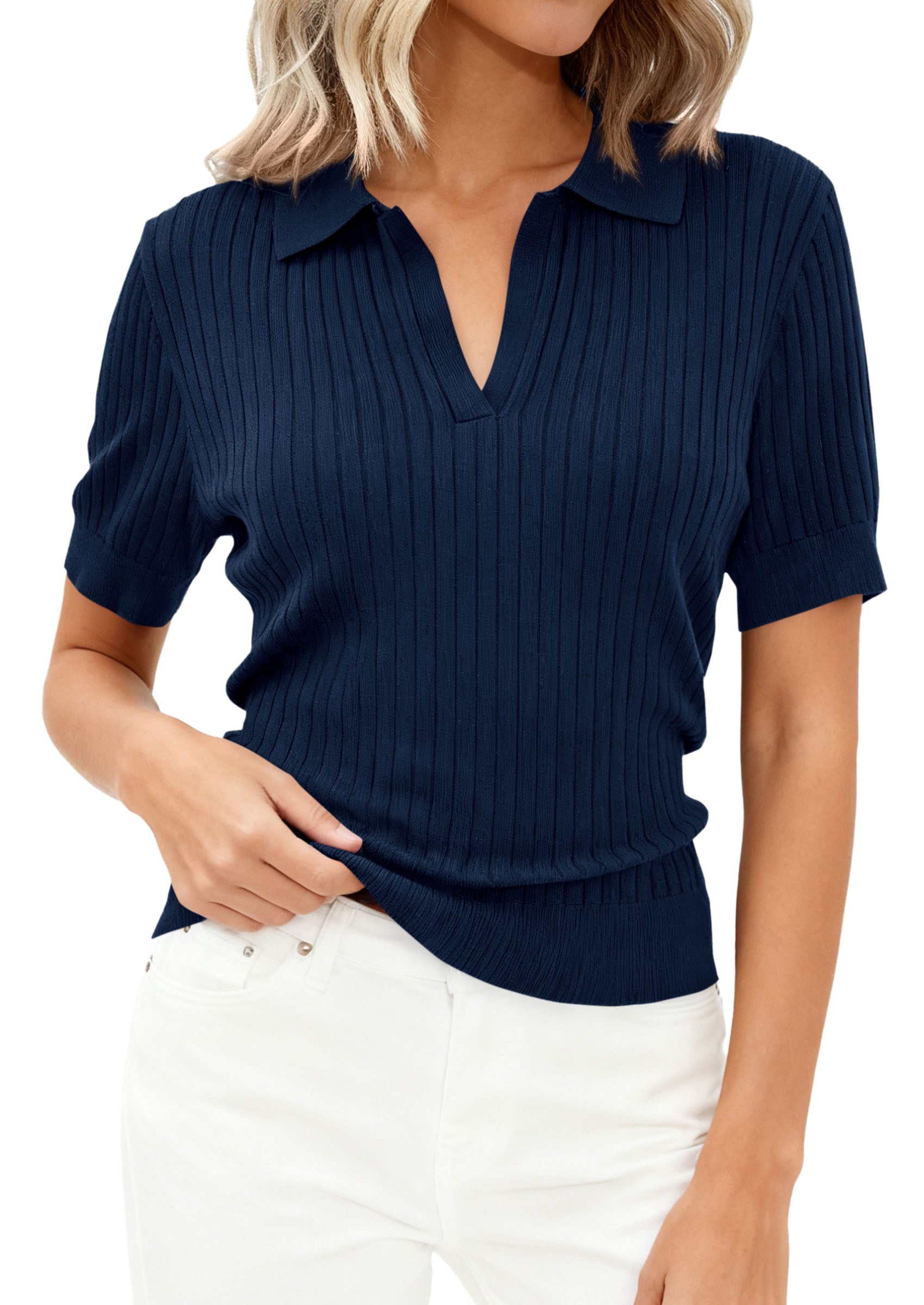PRETTYGARDEN Women's Short Sleeve Sweater 2026 Spring Polo Shirts Ribbed Knit V Neck Business Casual Tops Summer Work Clothes PRETTYGARDEN