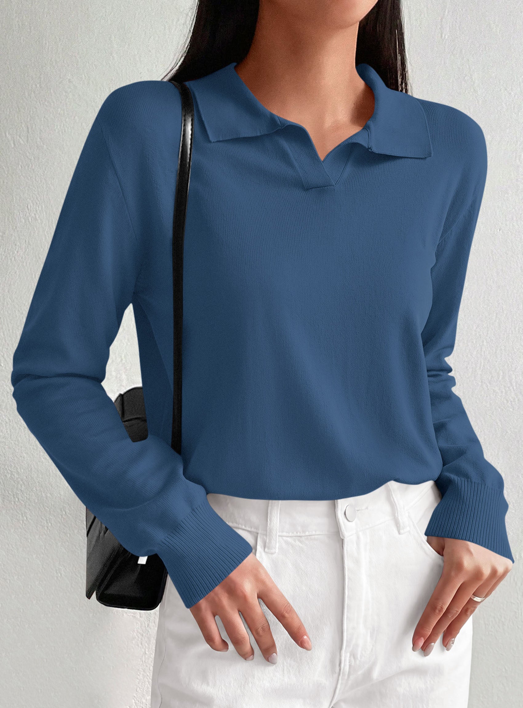 PRETTYGARDEN Womens Long Sleeve Collared Polo Sweater V Neck Knit Ribbed Business Casual Pullover Sweaters 2026 Fall Outfits