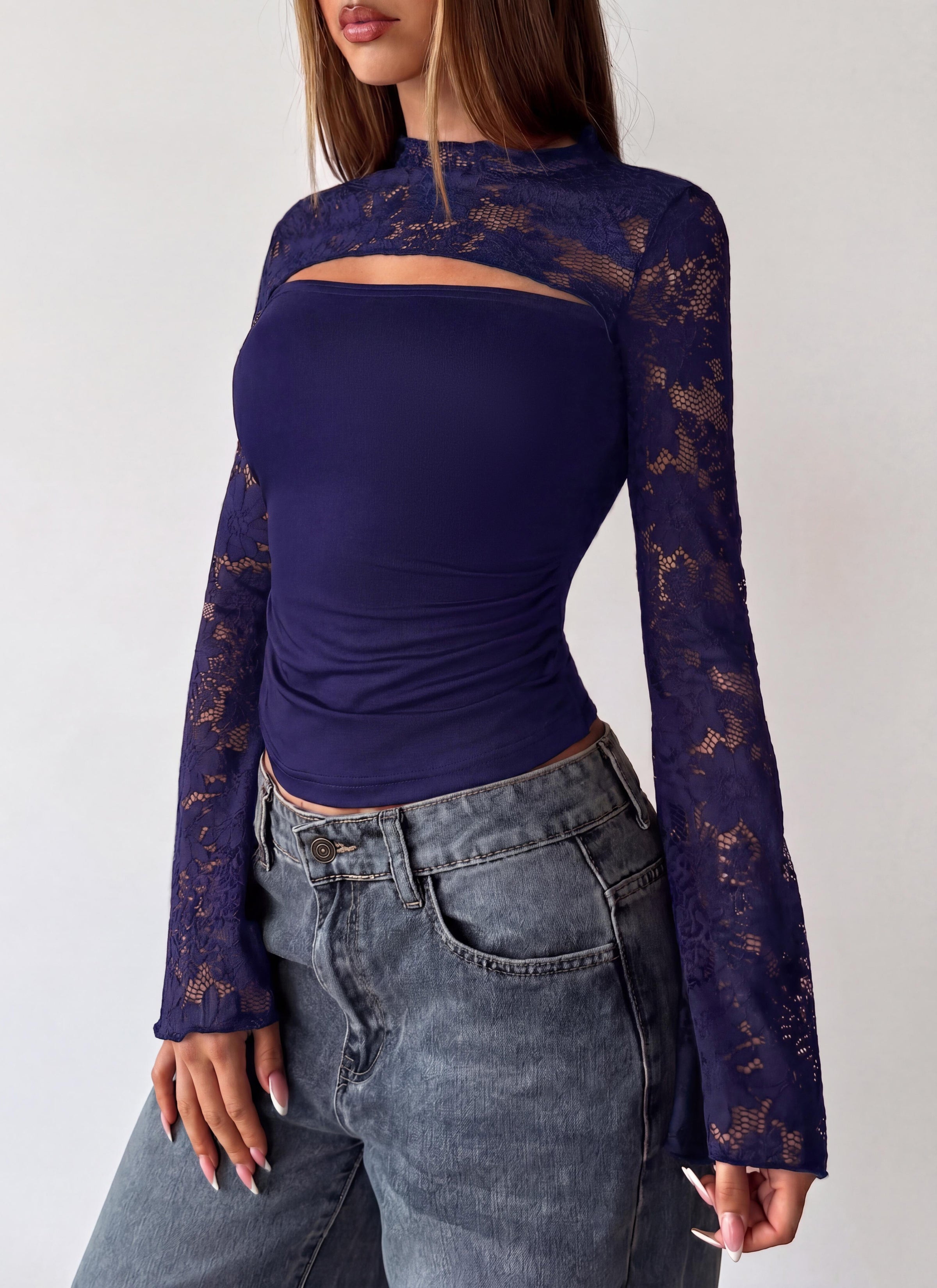 PRETTYGARDEN Womens Tops Fall Sexy Bell Long Sleeve Shirts Cut Out Fitted Y2k Lace Tshirt Ruched Going Out Crop Top 2026