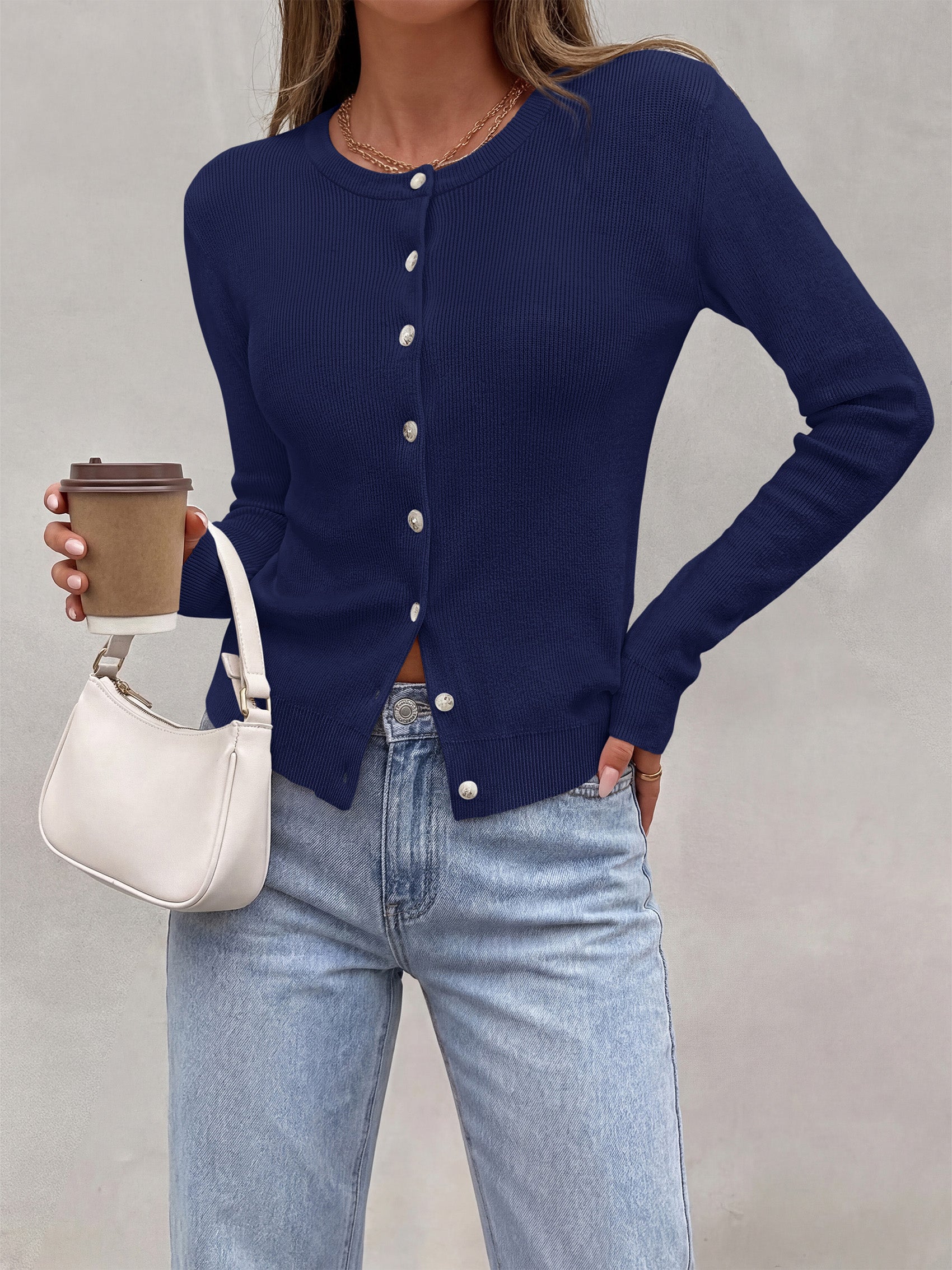 PRETTYGARDEN Fall Fitted Cardigan Sweaters for Women Button Down  | Basic Crewneck Long Sleeve Sweater Tops, Ribbed Trim, Slim Fit, Open Front, Daily Wear, Work, Date, Travel, Fashion Clothing