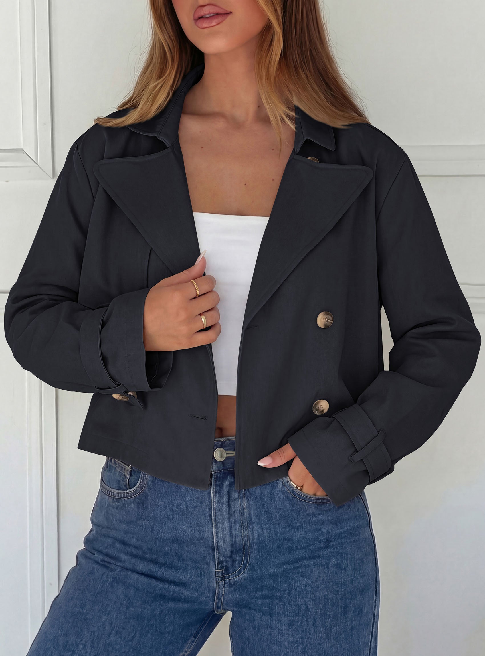 PRETTYGARDEN Cropped Trench Coat For Women Short Jacket  Soft Lightweight Coats, Lapel Double Breasted, Long Sleeve Loose Fit, Casual Work Office Jackets, Fall Winter Outwear