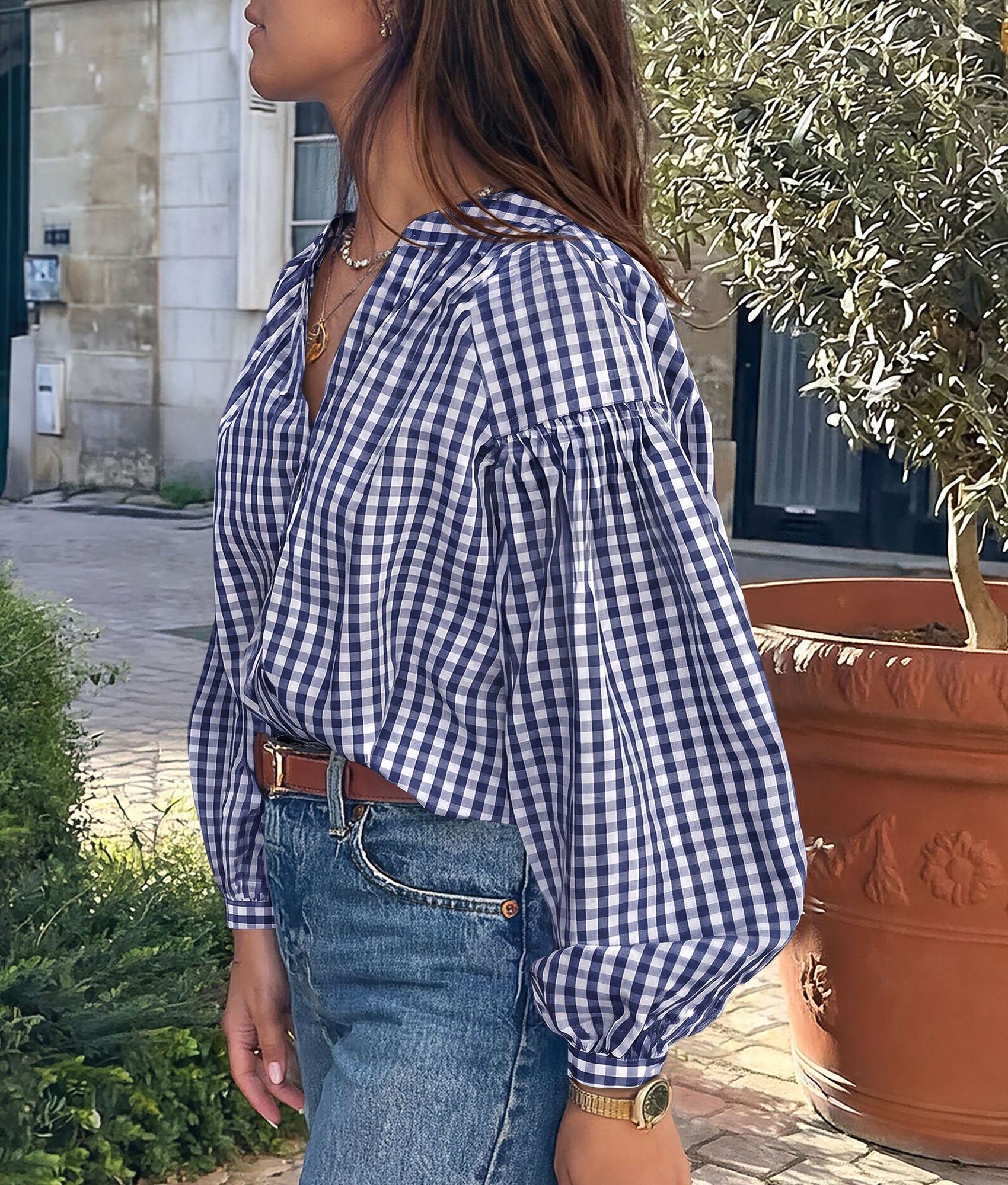 PRETTYGARDEN Women Fall Plaid Long Puff Sleeve Shirts V Neck Casual Blouses  Gingham Button Down Oversized, Pleated Drop Shoulder Cotton Tops, Dressy Casual, Work Vacation Travel, Fall Outfits Trendy