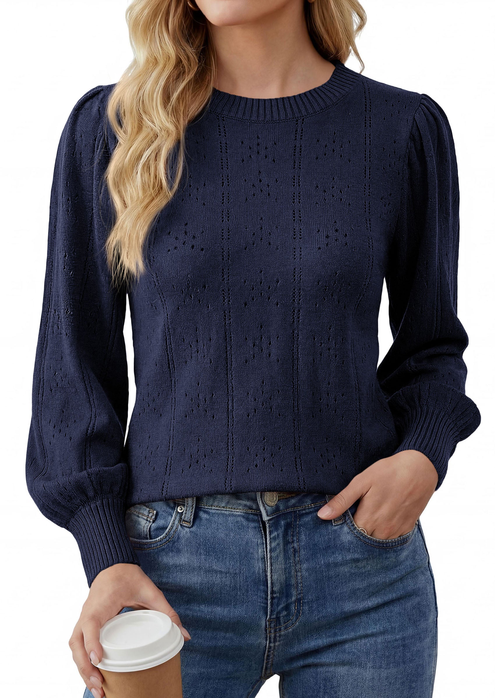 PRETTYGARDEN Women Fall Fashion Hollow Out Holiday Sweaters | Stretchy Cozy Knit, Puff Long Sleeve Pullover Tops, Crewneck Loose Fit, Dressy Casual Blouse, Trendy Winter Going Out Outfits