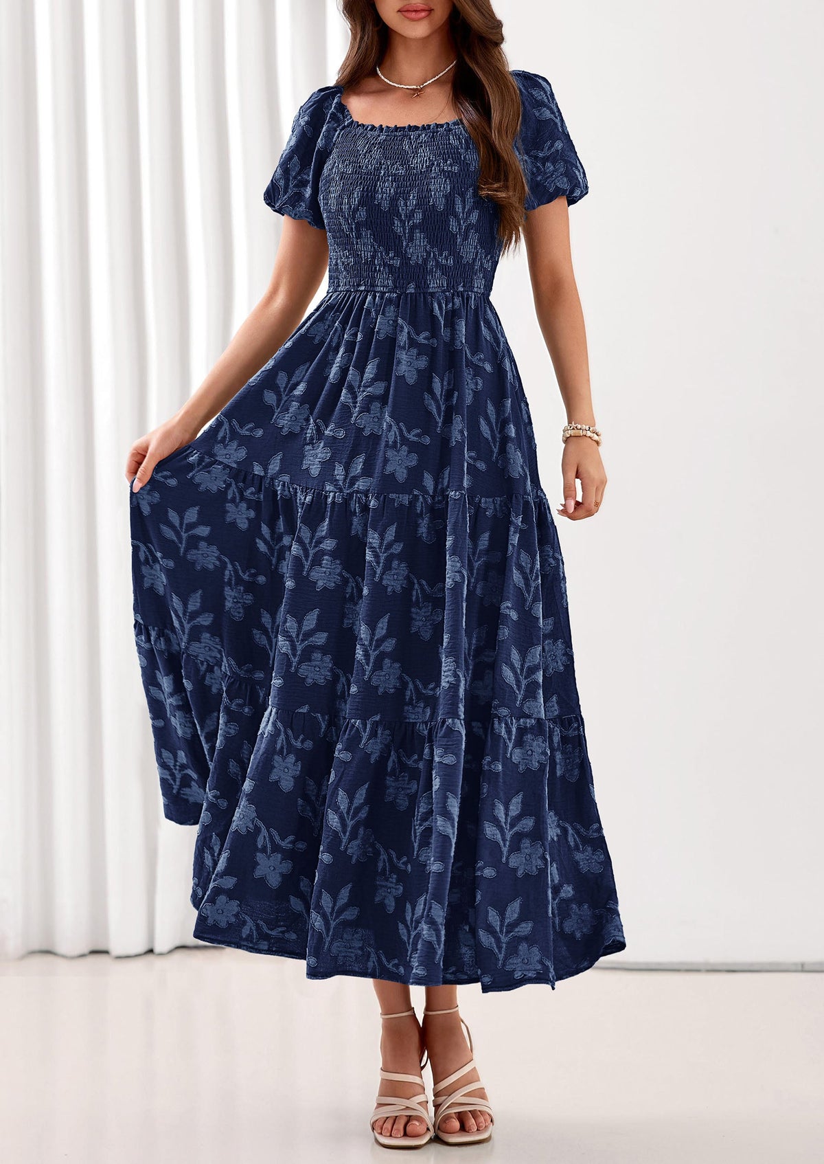 PRETTYGARDEN Women's 2026 Summer Boho Maxi Dresses Floral Short Sleeve Square Neck Smocked Flowy Long Dress Vacation Outfits PRETTYGARDEN