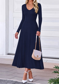 PRETTYGARDEN Women's Fall V Neck Pleated Midi Sweater Dress  Stretchy Ribbed Knit,Long Sleeve,A Line Flowy Skirt,Elegant Long Dresses for Wedding Guest,Work Office,Winter Party Outfits