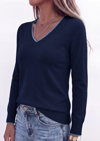 PRETTYGARDEN Women's V Neck Sweater Long Sleeve Knit Tops | Contrast Trim, Cozy Lightweight Pullover, Loose Basic Soft, Business Casual, Holiday Vacation Outfits, Fall Winter Clothes