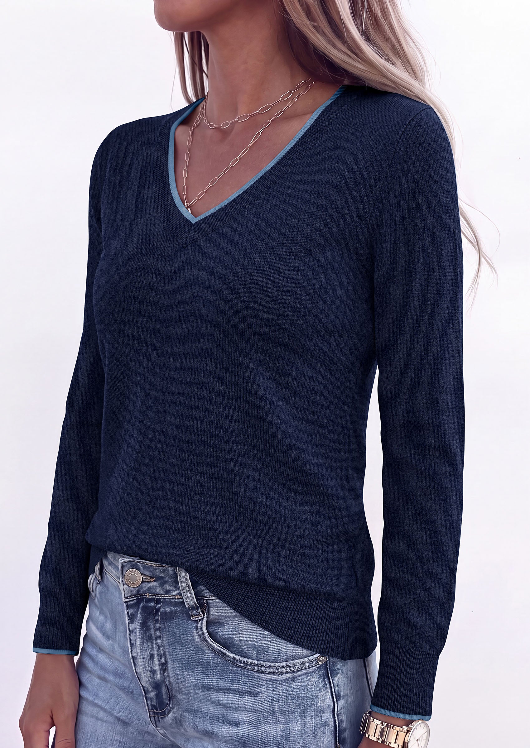 PRETTYGARDEN Women's V Neck Sweater Long Sleeve Knit Tops | Contrast Trim, Cozy Lightweight Pullover, Loose Basic Soft, Business Casual, Holiday Vacation Outfits, Fall Winter Clothes