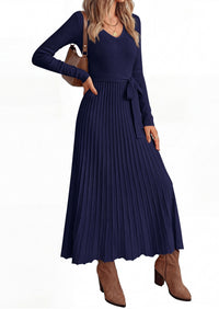 PRETTYGARDEN Womens Fall Maxi Long Sleeve Sweater Dress  Soft Stretchy Knit, V Neck A Line Dresses with Bow, Flowy Pleated Hem, Cocktail Party Outfits, Trendy Winter Clothes