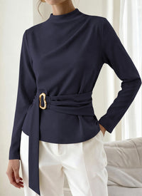 PRETTYGARDEN Women Blouses Fall Dressy Mock Neck Long Sleeve Work Shirts Buckle Belted Tunic Business Casual Tops