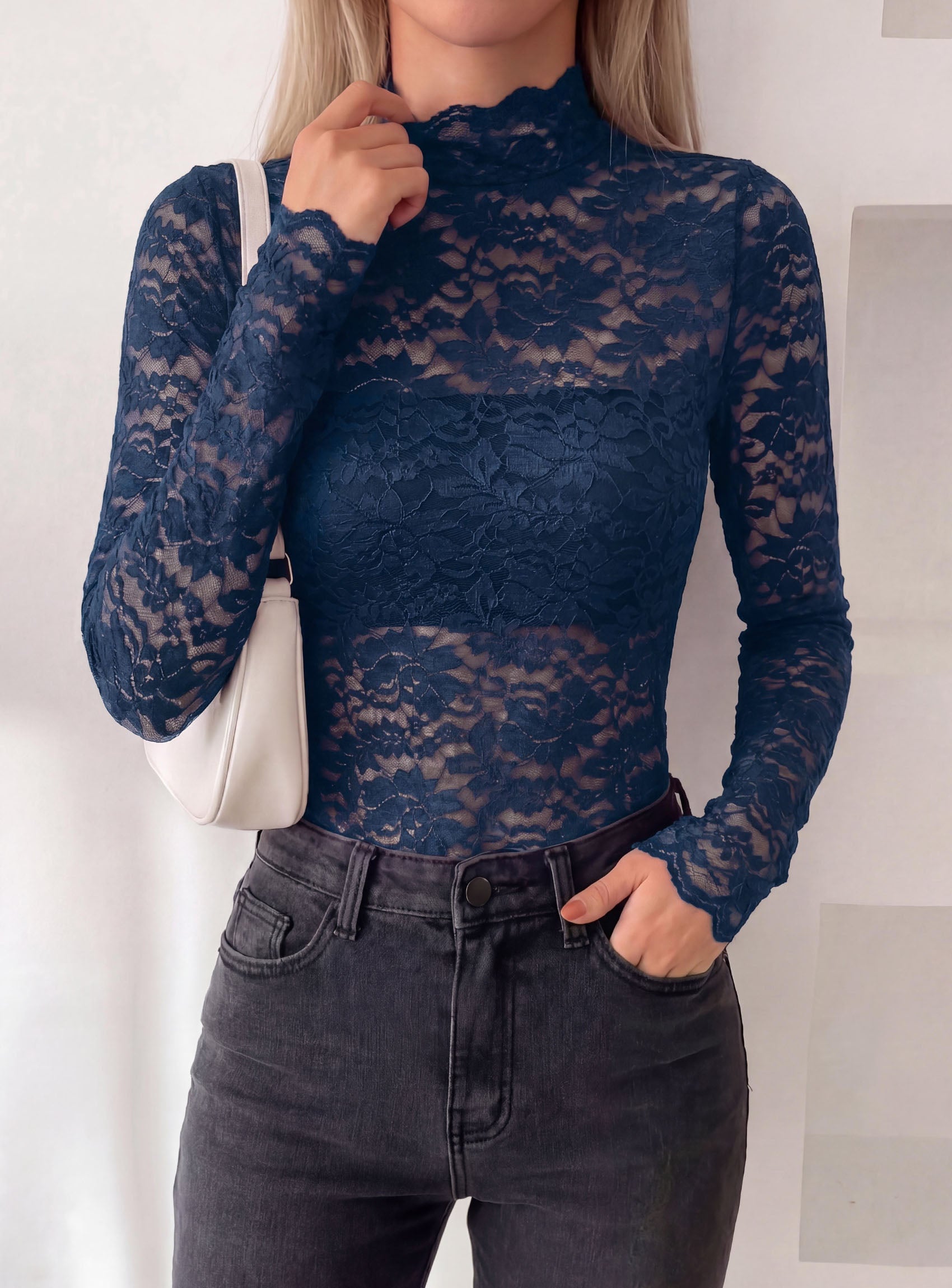 PRETTYGARDEN Womens Lace Long Sleeve Top Mesh Sheer Blouses Mock Neck See Through Slim Fitted Tops 2026 Fall Fashion Clothes