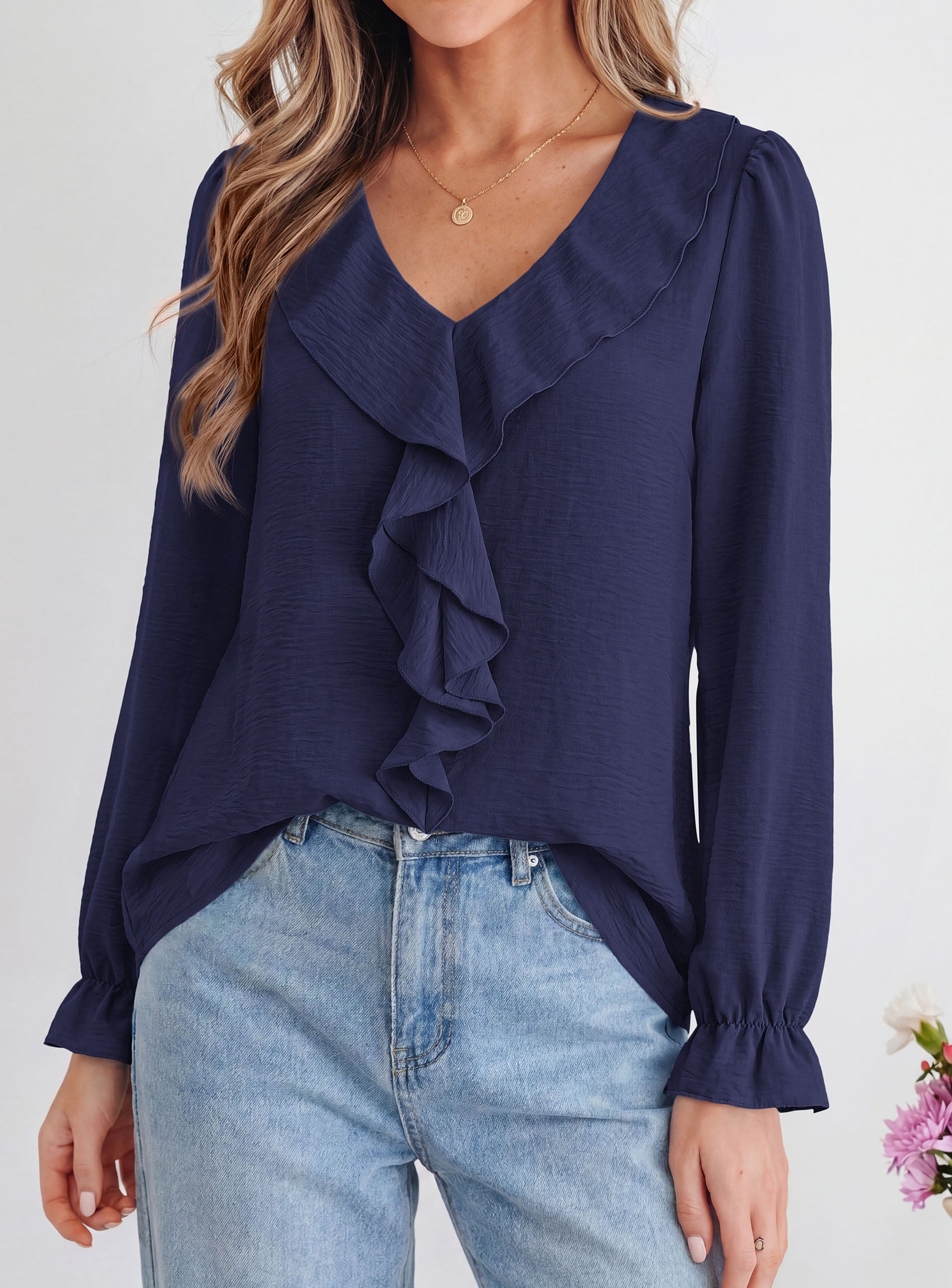 PRETTYGARDEN Women Early Fall Fashion Dressy Casual Blouses  | Comfy Lightweight,Lantern Long Sleeve Shirts,Cute Ruffle V Neck,Going Out Tops,Business Work Outfits,Trendy Daily Clothes