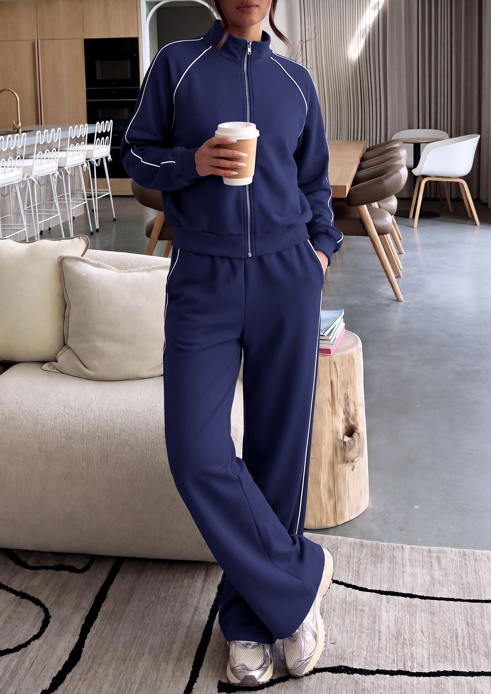 PRETTYGARDEN Women's 2 Piece Sweat Set Casual Fall Outfits | Zip Up Sweatshirt,Wide Leg Pants Sweatsuits,Side Stripes,Matching Lounge Sets,Athletic Wear for Airport,Jogging,Travel,Daily