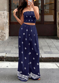 PRETTYGARDEN 2 Piece Sets for women Summer 2026 Travel Outfits Print Tube Tops Wide Leg Pants Beach Vacation Clothes