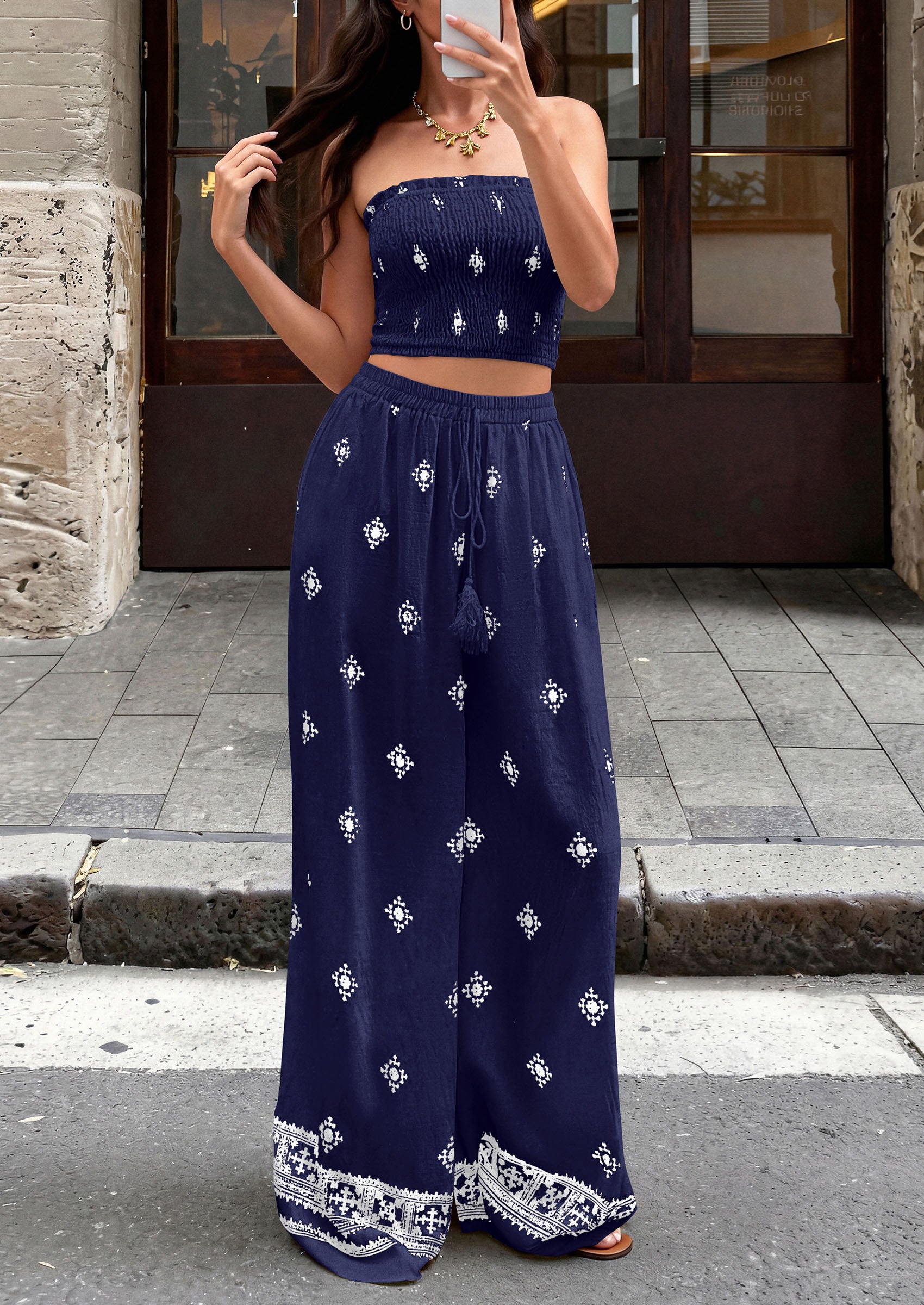 PRETTYGARDEN 2 Piece Sets for women Summer 2026 Travel Outfits Print Tube Tops Wide Leg Pants Beach Vacation Clothes