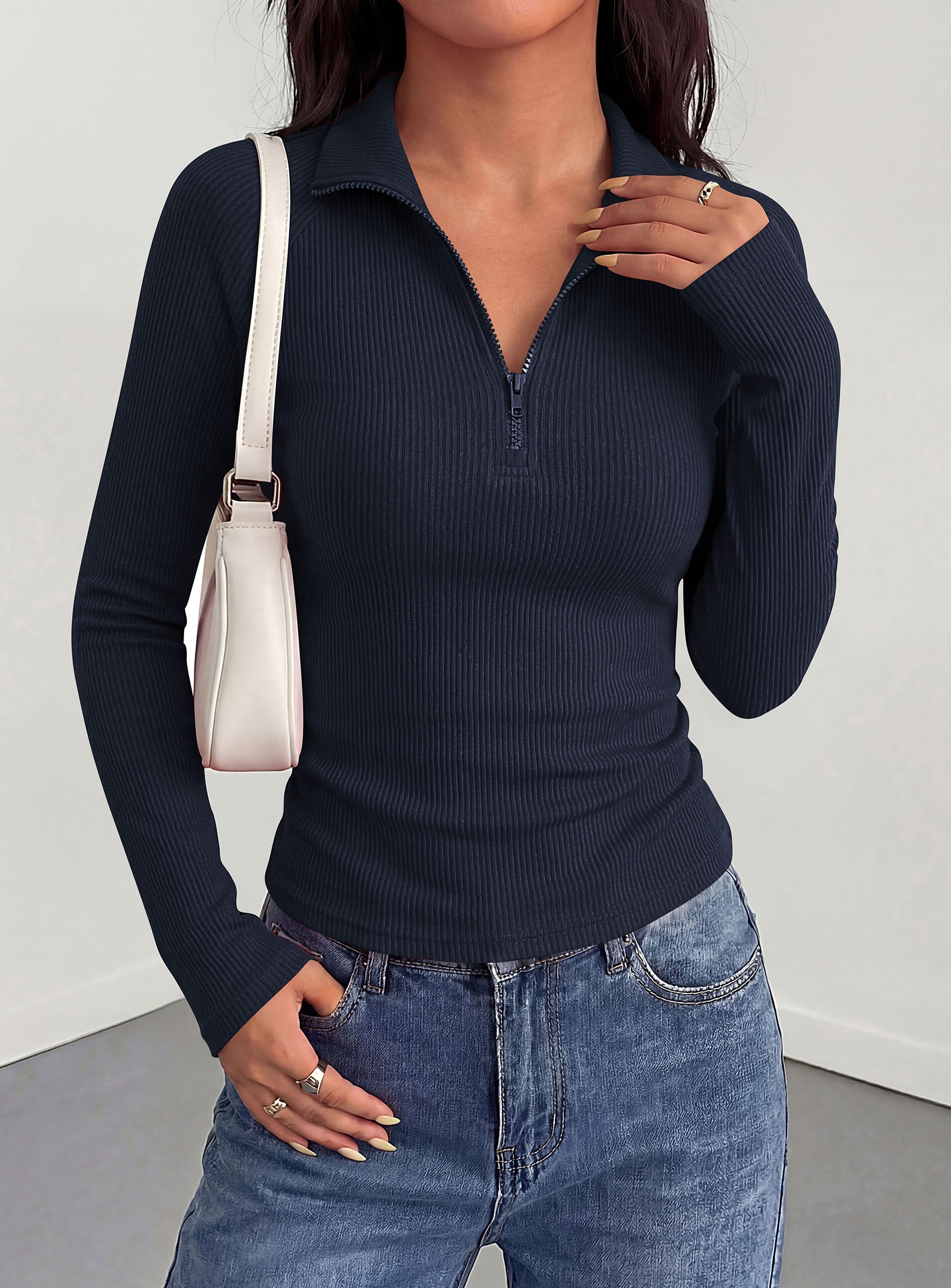 PRETTYGARDEN Women's Fall Quarter Zip Long Sleeve Shirts | Soft Stretchy Ribbed Knit, Collared Zipper Slim Fitted, Raglan Sleeves Pullover, Dressy Casual Tops, Trendy Going Out Outfits