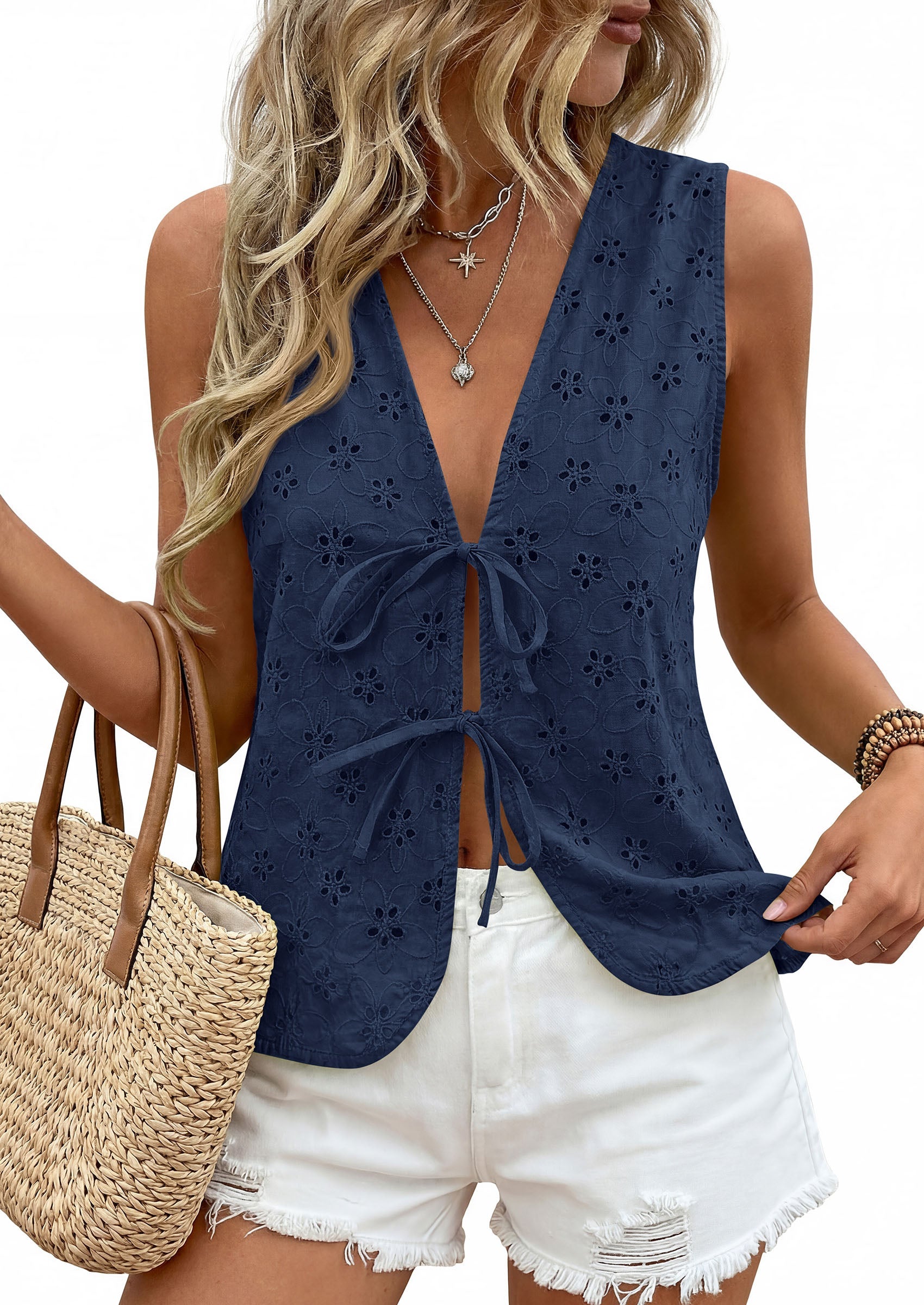 PRETTYGARDEN Women 2026 Summer Tie Front Eyelet Tank Tops Trendy Floral Vest Sleeveless V Neck Dressy Blouse Vacation Outfits PRETTYGARDEN