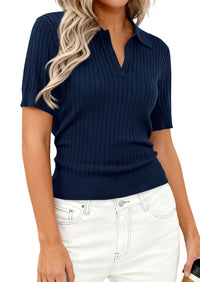 PRETTYGARDEN Women's Short Sleeve Sweater 2026 Spring Polo Shirts Ribbed Knit V Neck Business Casual Tops Summer Work Clothes PRETTYGARDEN