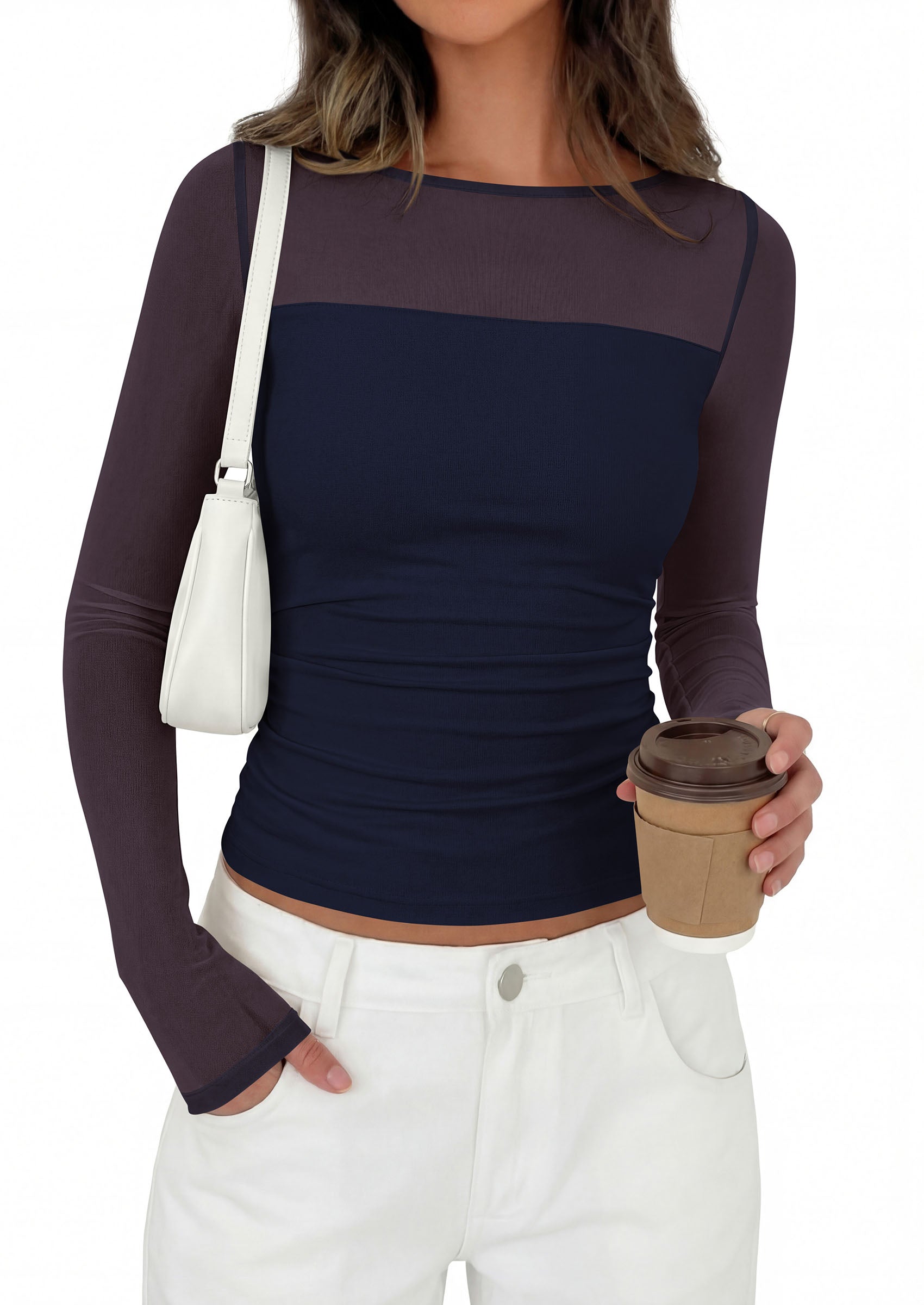 PRETTYGARDEN Women's 2026 Fall Long Sleeve T Shirts Sheer Mesh Boat Neck Ruched Fitted Going Out Summer Tops Fashion Clothing