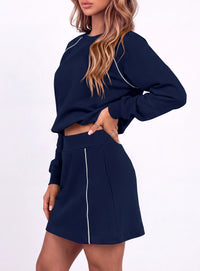 PRETTYGARDEN Women's Two Piece Outfits Matching Skirt Sets | Color Block Long Sleeve Top Sweatshirt, Mini Short Skirts, Elastic Waist Skorts Pocket, 2pc Workout Set, Fall Fashion Clothes