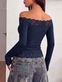 PRETTYGARDEN Women Lace Off the Shoulder Cute Going Out Tops | Y2K Cute Long Sleeve Slim Fit Cropped T-Shirt, Sexy Off Shoulder Tops for Women, Date Night Concert Tops,Fall Outfits 2026