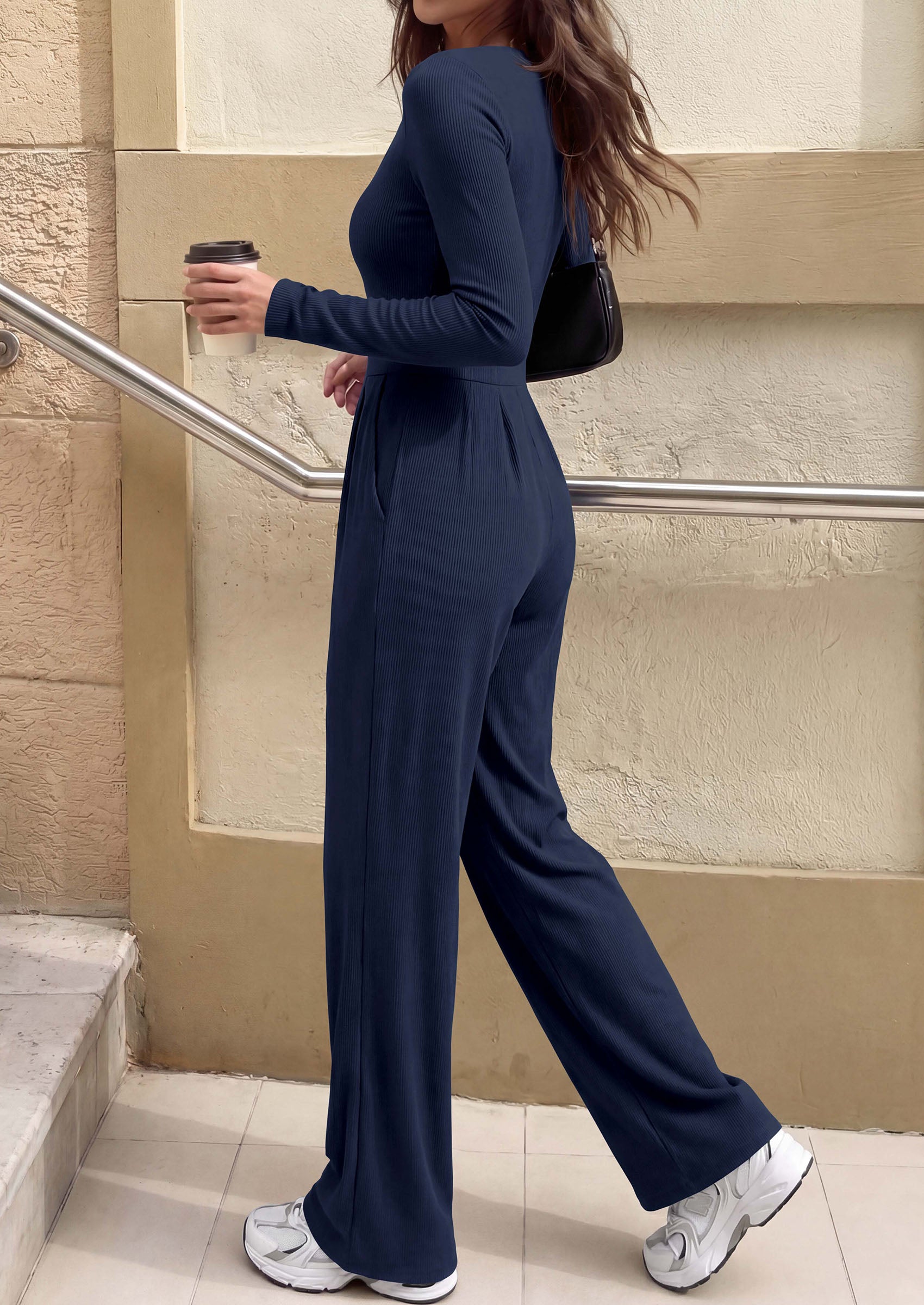 PRETTYGARDEN Womens Fall One Piece Long Sleeve Jumpsuit | Stretchy Ribbed Knit, Fashion Deep V Neck, Wide Leg Romper with Pockets, Work Business Casual Outfits, Trendy Winter Clothes