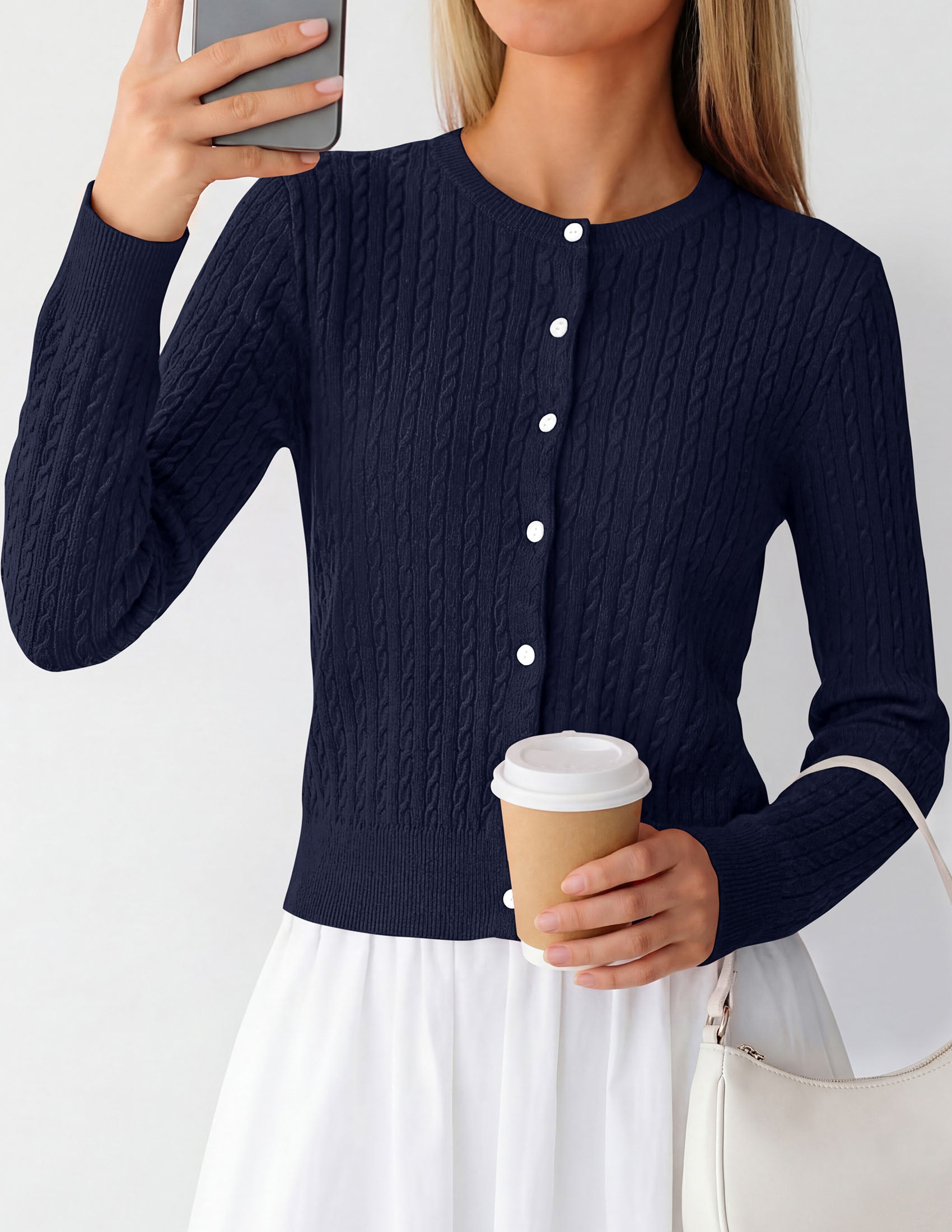 PRETTYGARDEN Women Lightweight Button Up Cardigan Sweaters | Soft Stretchy, Cozy Cable Knit, Long Sleeve Crew Neck, Trendy Cardigans, Cute Casual Outfits, Early Fall Fashion Clothing