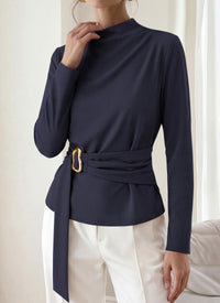 PRETTYGARDEN Women Blouses Fall Dressy Mock Neck Long Sleeve Work Shirts Buckle Belted Tunic Business Casual Tops