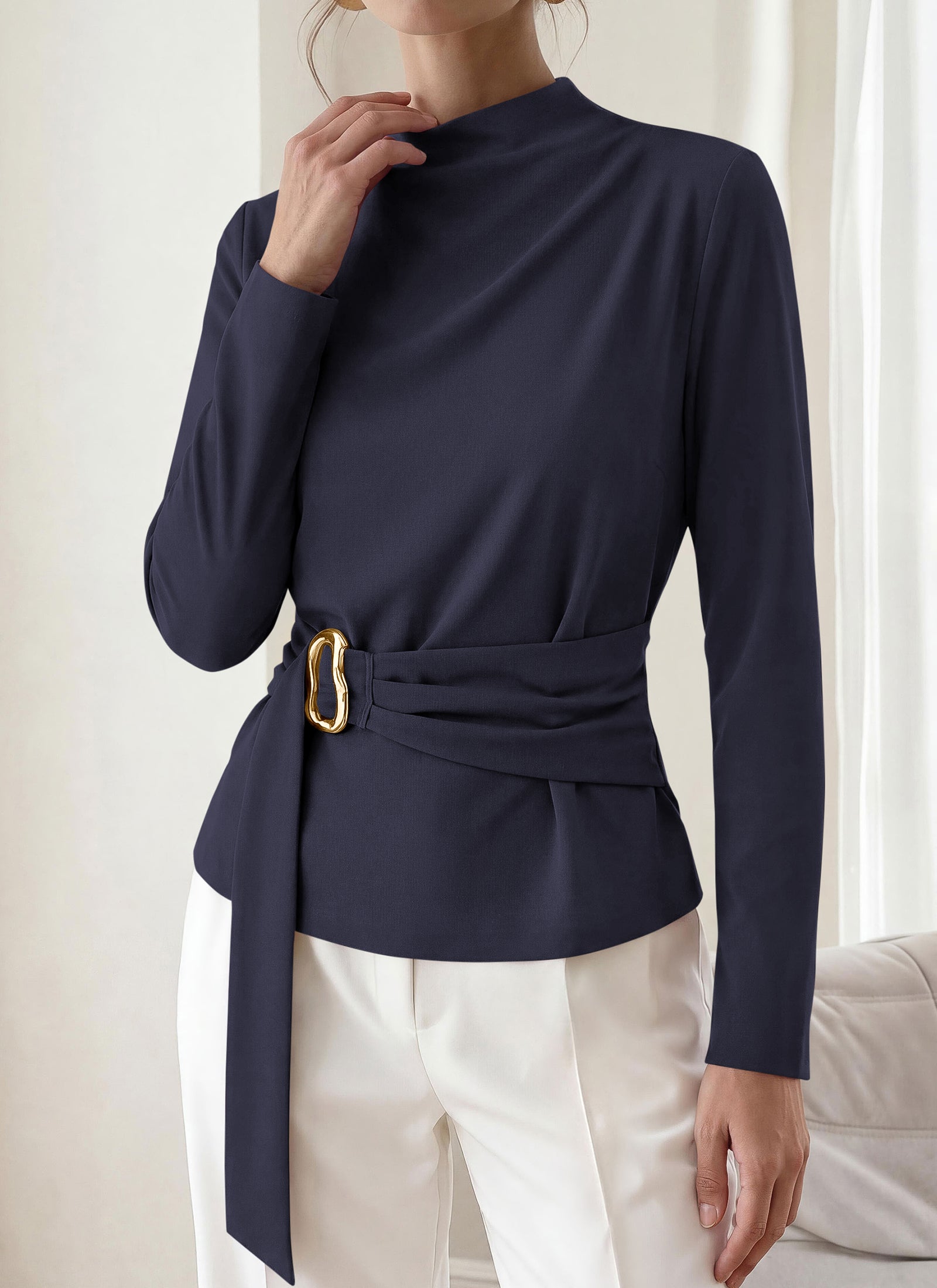 PRETTYGARDEN Women Blouses Fall Dressy Mock Neck Long Sleeve Work Shirts Buckle Belted Tunic Business Casual Tops