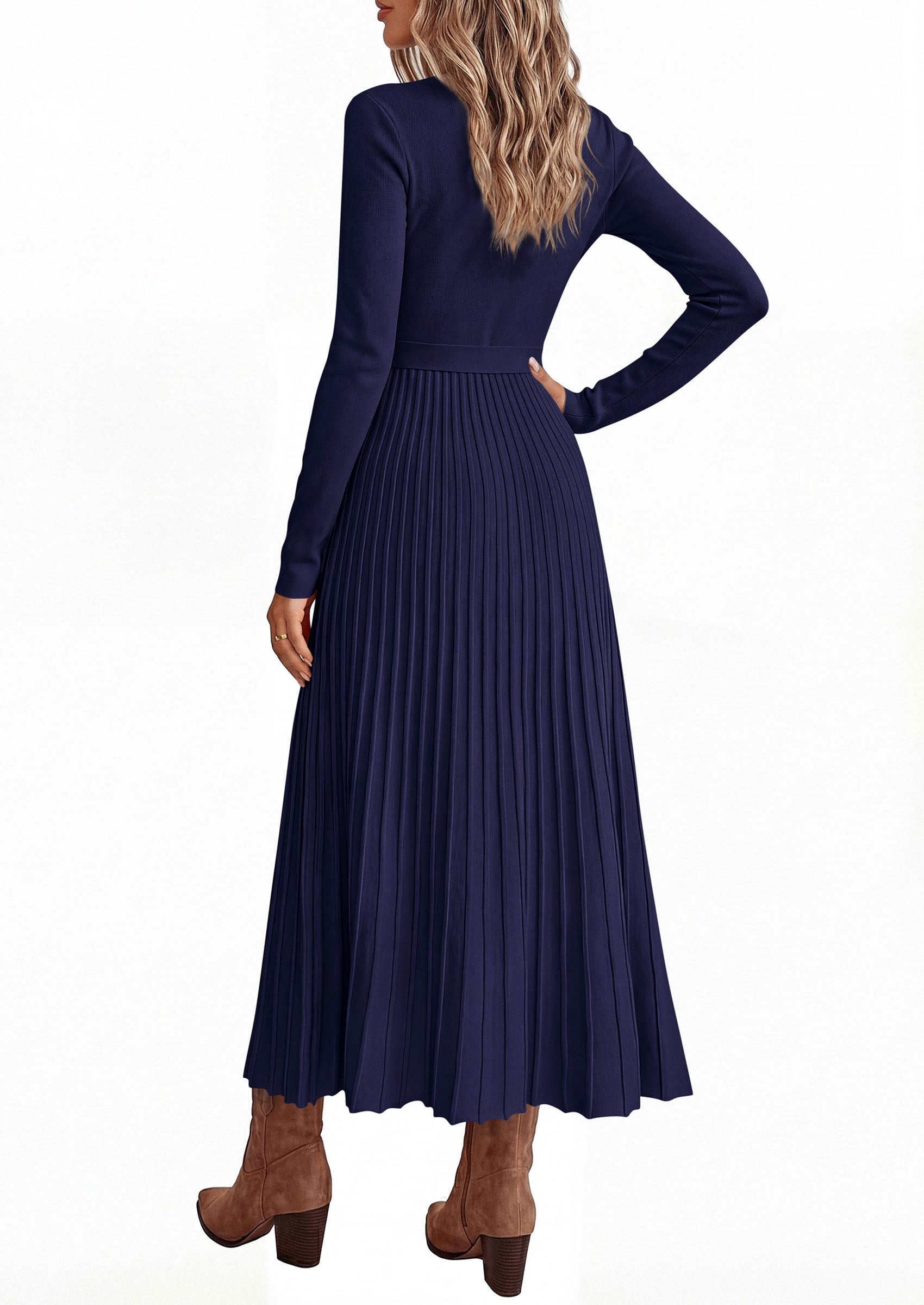 PRETTYGARDEN Womens Fall Maxi Long Sleeve Sweater Dress  Soft Stretchy Knit, V Neck A Line Dresses with Bow, Flowy Pleated Hem, Cocktail Party Outfits, Trendy Winter Clothes