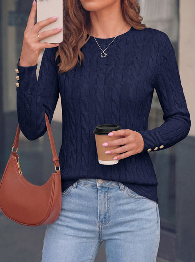 PRETTYGARDEN Fall Sweaters for Women Cable Knit Long Sleeve Button Cuffs | Slim Fit Sweater Tops Dressy Casual, Ribbed Crewneck Sweater Shirts, Women's Sweaters Fall Winter, Business Casual Outfits