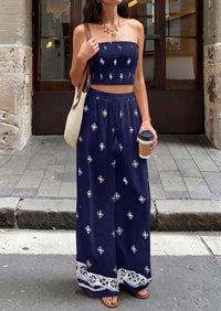 PRETTYGARDEN 2 Piece Sets for women Summer 2026 Travel Outfits Print Tube Tops Wide Leg Pants Beach Vacation Clothes