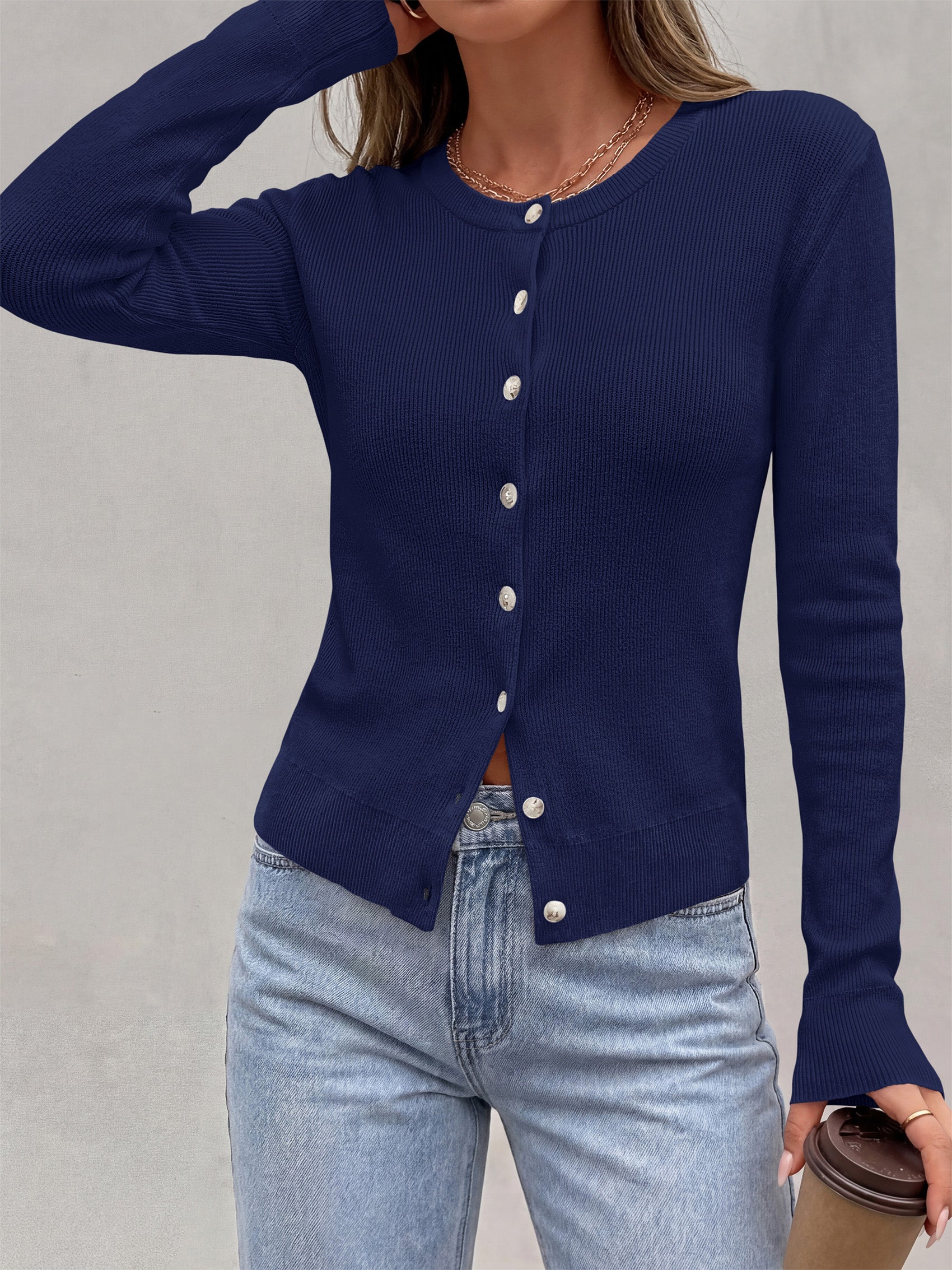 PRETTYGARDEN Fall Fitted Cardigan Sweaters for Women Button Down  | Basic Crewneck Long Sleeve Sweater Tops, Ribbed Trim, Slim Fit, Open Front, Daily Wear, Work, Date, Travel, Fashion Clothing