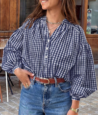 PRETTYGARDEN Women Fall Plaid Long Puff Sleeve Shirts V Neck Casual Blouses  Gingham Button Down Oversized, Pleated Drop Shoulder Cotton Tops, Dressy Casual, Work Vacation Travel, Fall Outfits Trendy