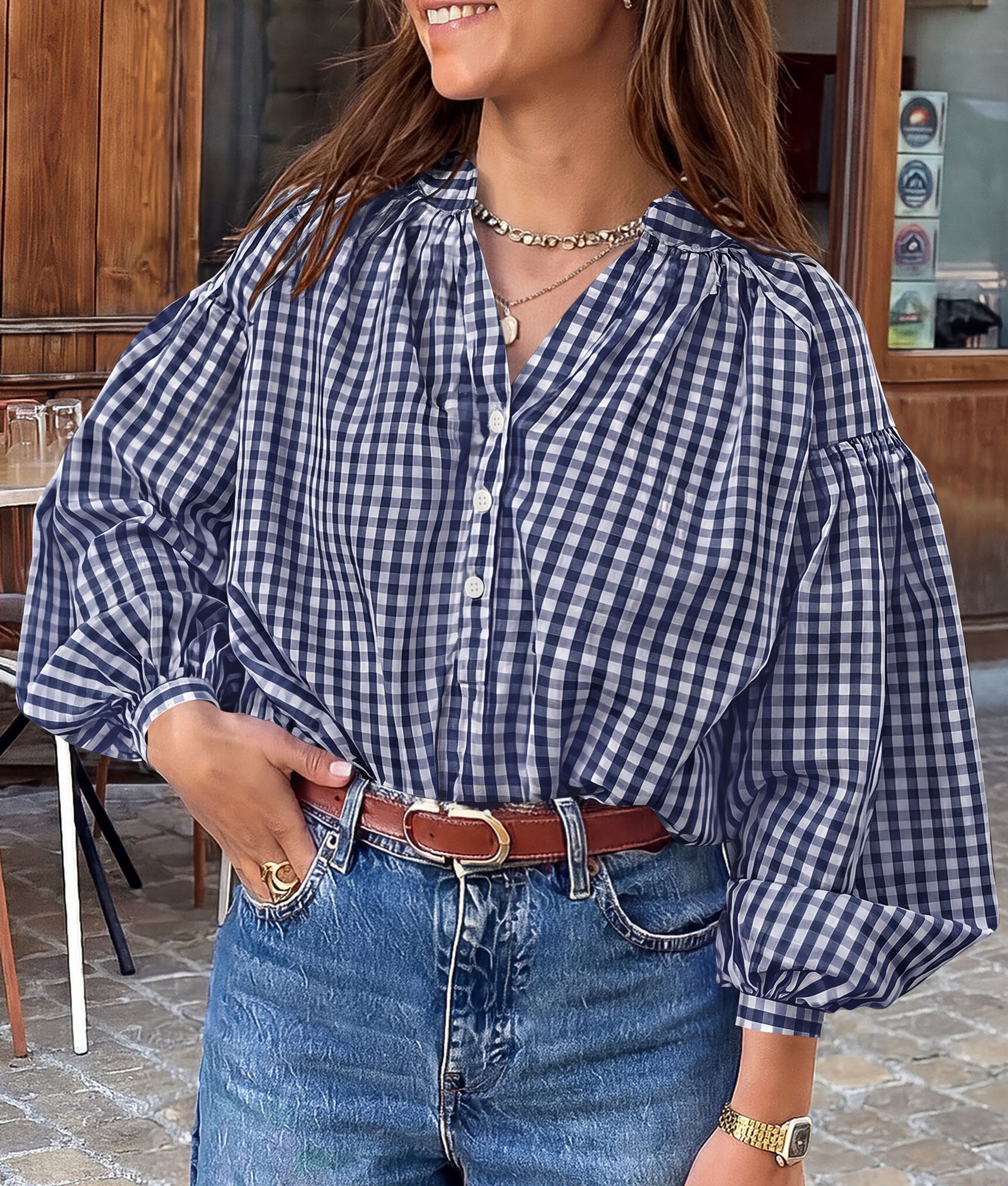 PRETTYGARDEN Women Fall Plaid Long Puff Sleeve Shirts V Neck Casual Blouses  Gingham Button Down Oversized, Pleated Drop Shoulder Cotton Tops, Dressy Casual, Work Vacation Travel, Fall Outfits Trendy