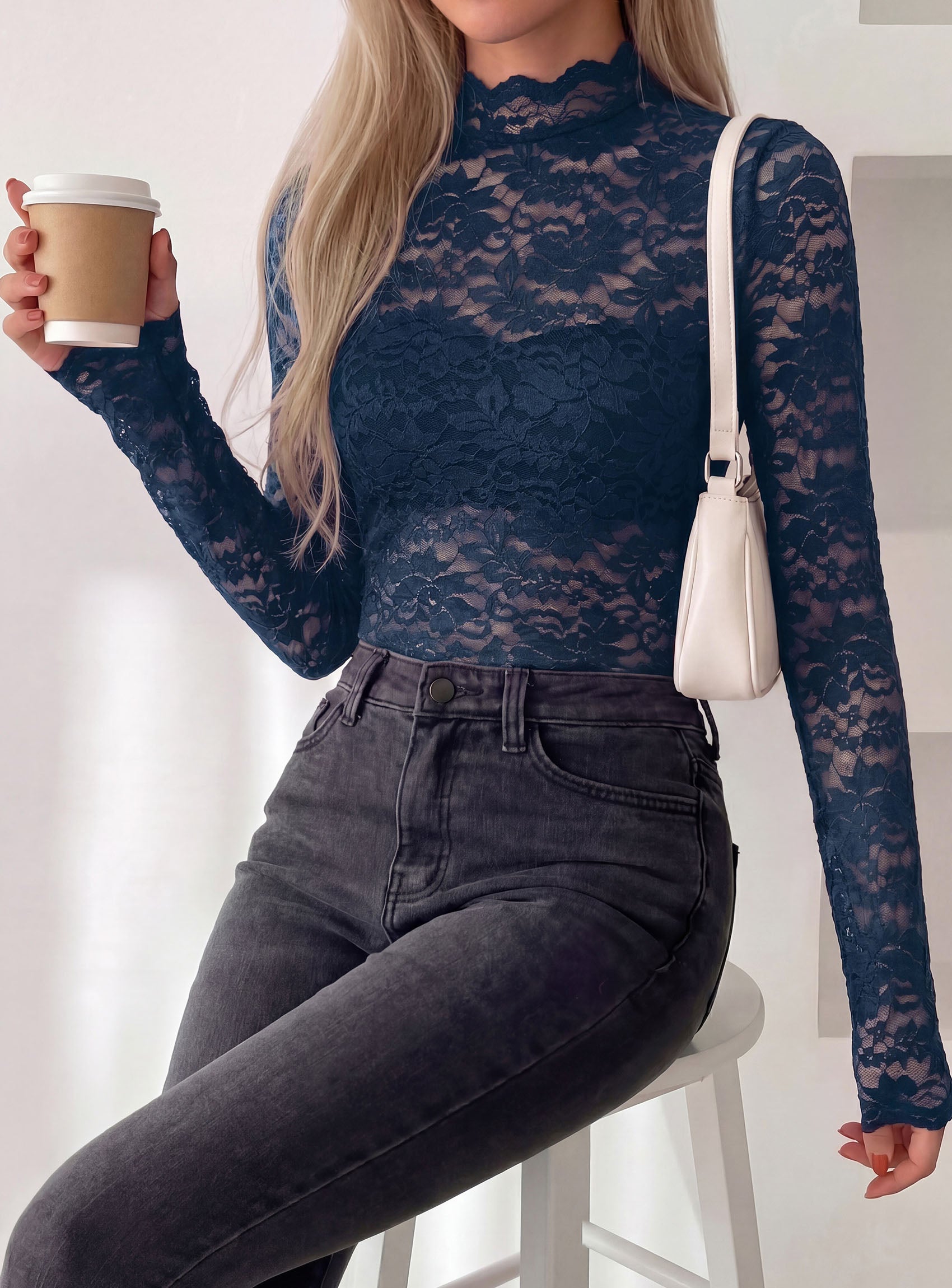 PRETTYGARDEN Womens Lace Long Sleeve Top Mesh Sheer Blouses Mock Neck See Through Slim Fitted Tops 2026 Fall Fashion Clothes
