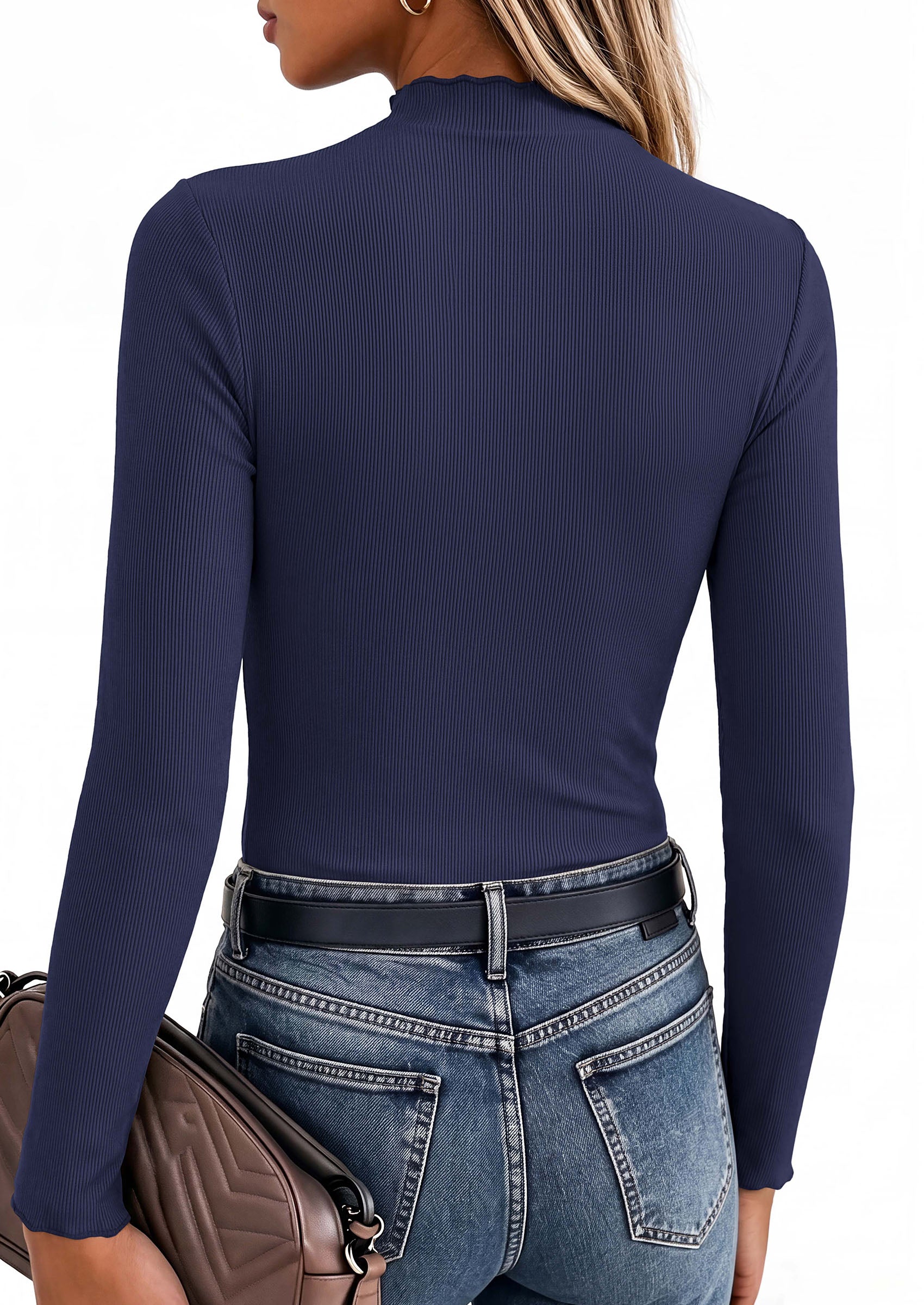 PRETTYGARDEN Women's Fall Long Sleeve Shirts Basic Tees | Soft Stretchy Ribbed Fabric, Lettuce Trim Mock Neck, Slim Fitted Cute Tops, Layering Fashion Clothing, Trendy Casual Outfits