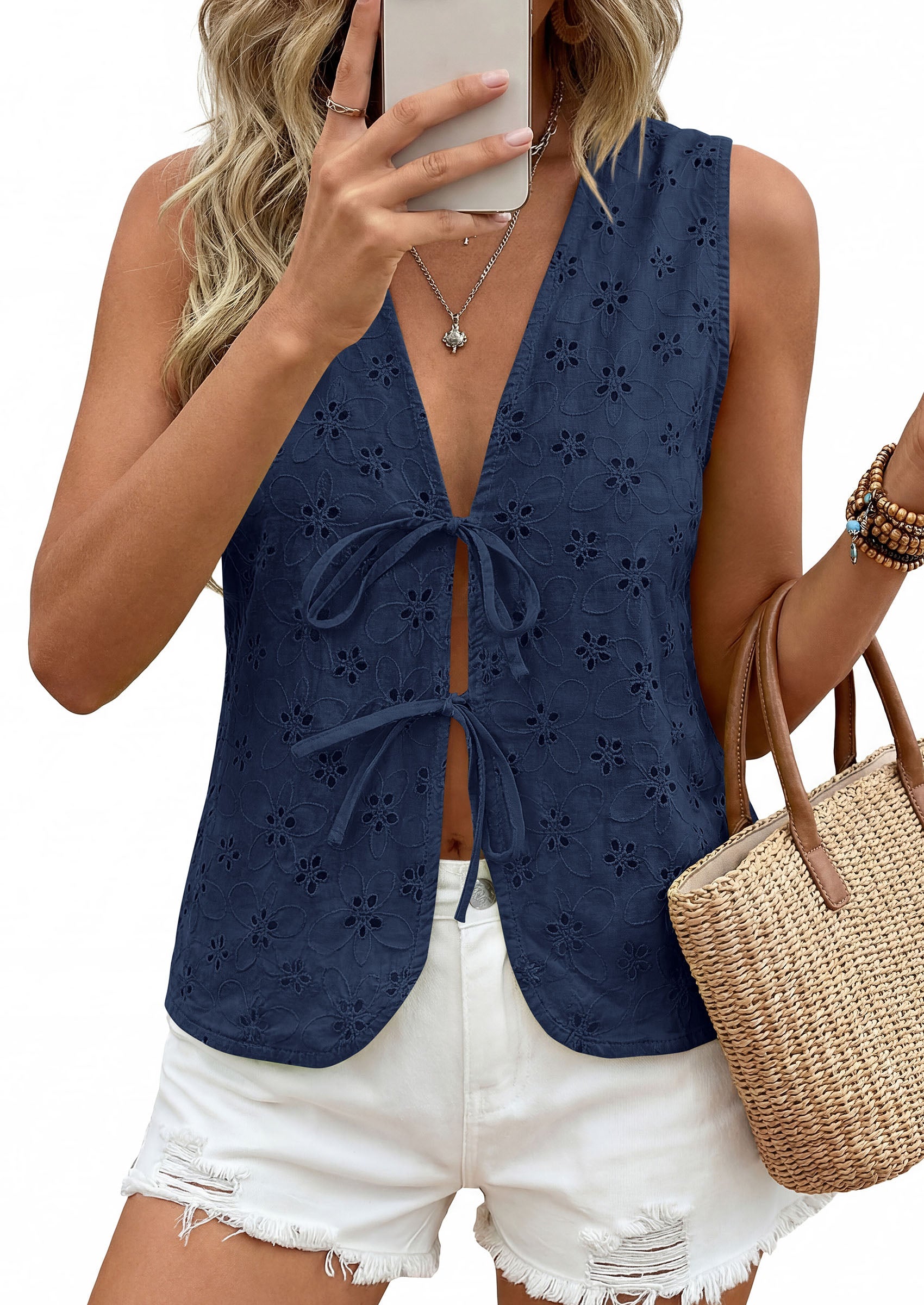 PRETTYGARDEN Women 2026 Summer Tie Front Eyelet Tank Tops Trendy Floral Vest Sleeveless V Neck Dressy Blouse Vacation Outfits PRETTYGARDEN