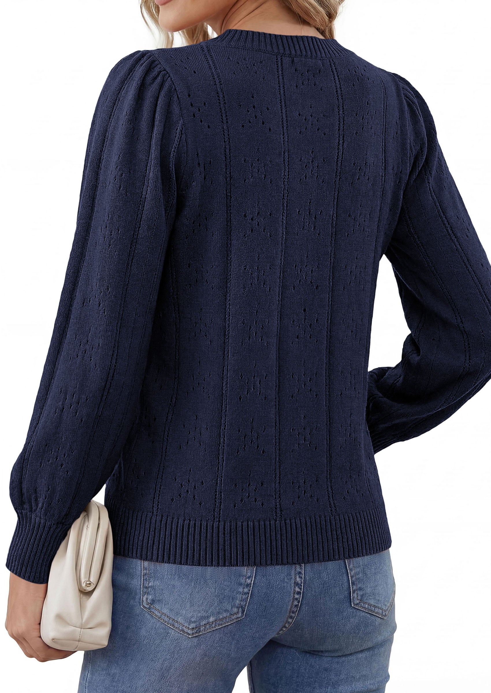 PRETTYGARDEN Women Fall Fashion Hollow Out Holiday Sweaters | Stretchy Cozy Knit, Puff Long Sleeve Pullover Tops, Crewneck Loose Fit, Dressy Casual Blouse, Trendy Winter Going Out Outfits