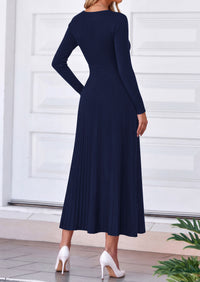 PRETTYGARDEN Women's Fall V Neck Pleated Midi Sweater Dress  Stretchy Ribbed Knit,Long Sleeve,A Line Flowy Skirt,Elegant Long Dresses for Wedding Guest,Work Office,Winter Party Outfits