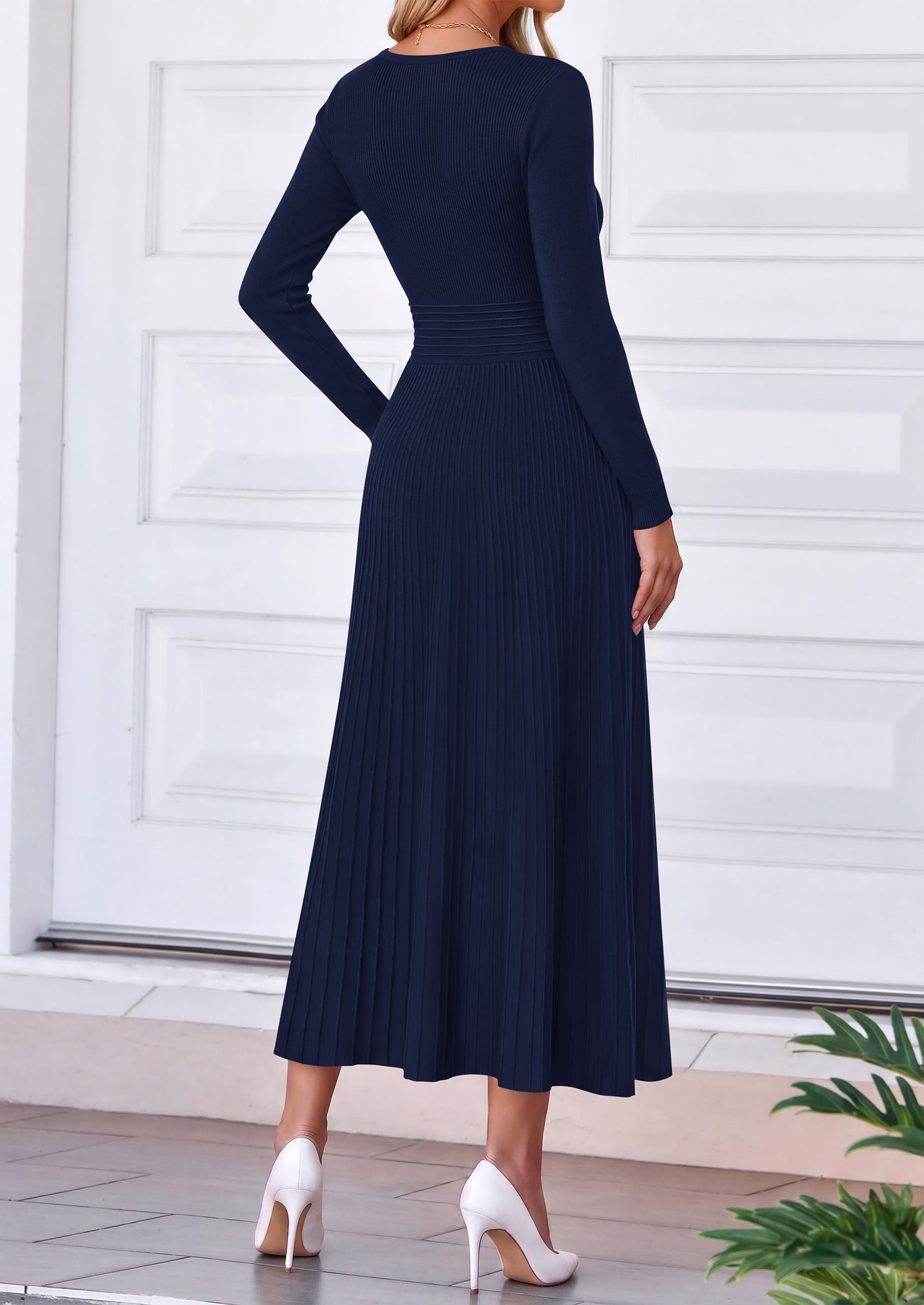 PRETTYGARDEN Women's Fall V Neck Pleated Midi Sweater Dress  Stretchy Ribbed Knit,Long Sleeve,A Line Flowy Skirt,Elegant Long Dresses for Wedding Guest,Work Office,Winter Party Outfits