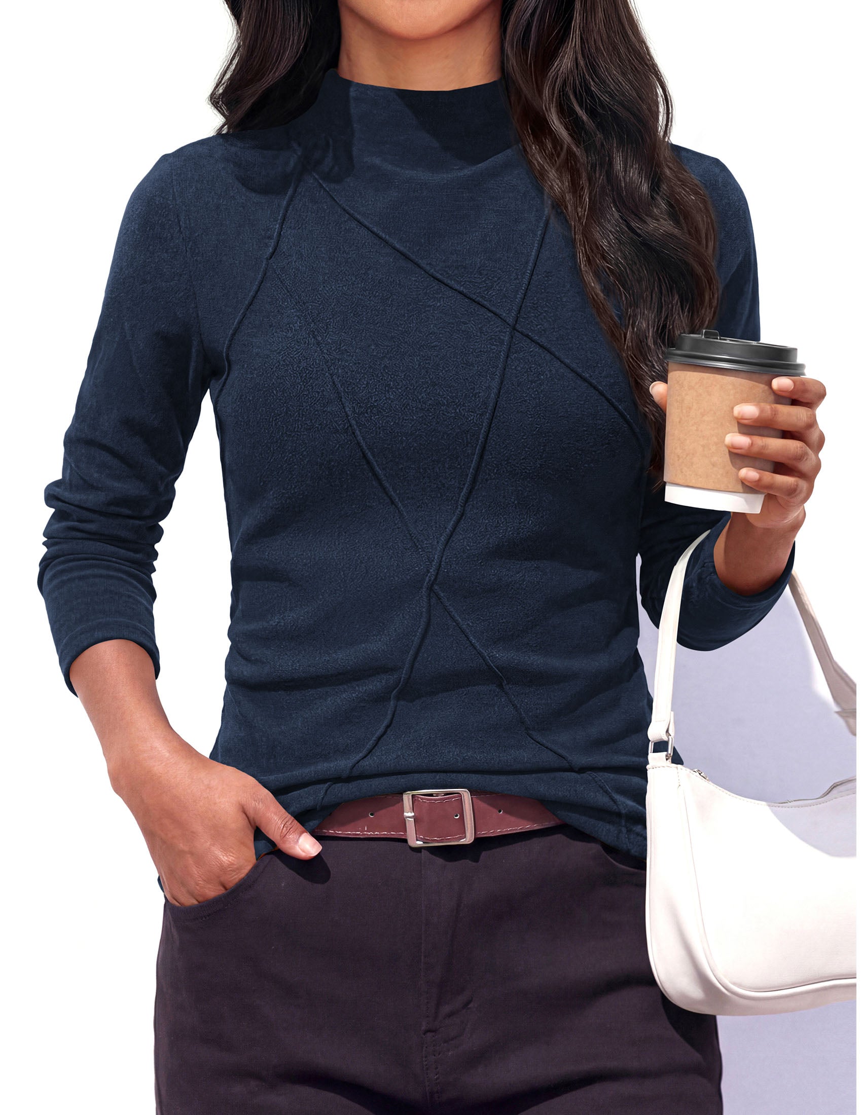 PRETTYGARDEN Women's Fall Mock Neck Long Sleeve Shirts | Soft Stretchy Knit,Geometric Seam Stitching,Slim Fitted Basic Tees,Thermal Casual Wear,Daily Work Layering Winter Tunic Top