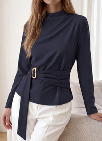 PRETTYGARDEN Women Blouses Fall Dressy Mock Neck Long Sleeve Work Shirts Buckle Belted Tunic Business Casual Tops