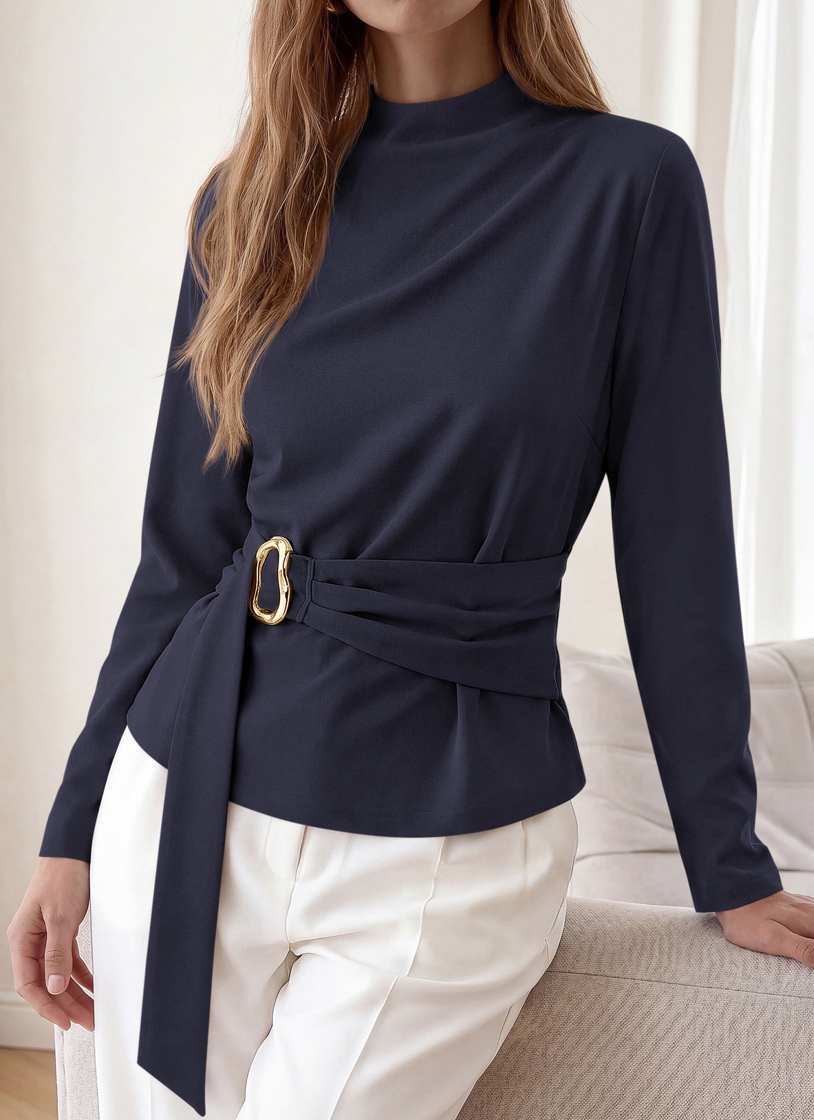 PRETTYGARDEN Women Blouses Fall Dressy Mock Neck Long Sleeve Work Shirts Buckle Belted Tunic Business Casual Tops