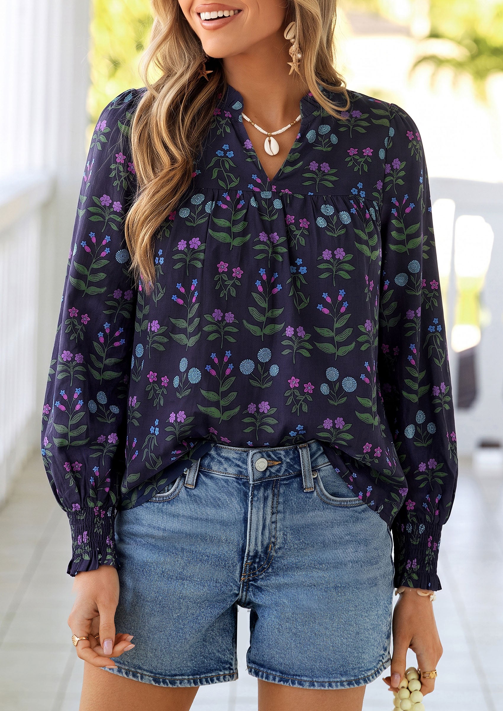 PRETTYGARDEN Women's Boho Floral Blouses Dressy Casual | Trendy Printed, Long Sleeve V Neck Tops, Bohemian Polka Dot Striped Shirt, Going Out Vacation Outfits, Fall Fashion Clothing
