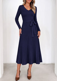 PRETTYGARDEN Womens Fall Maxi Long Sleeve Sweater Dress  Soft Stretchy Knit, V Neck A Line Dresses with Bow, Flowy Pleated Hem, Cocktail Party Outfits, Trendy Winter Clothes
