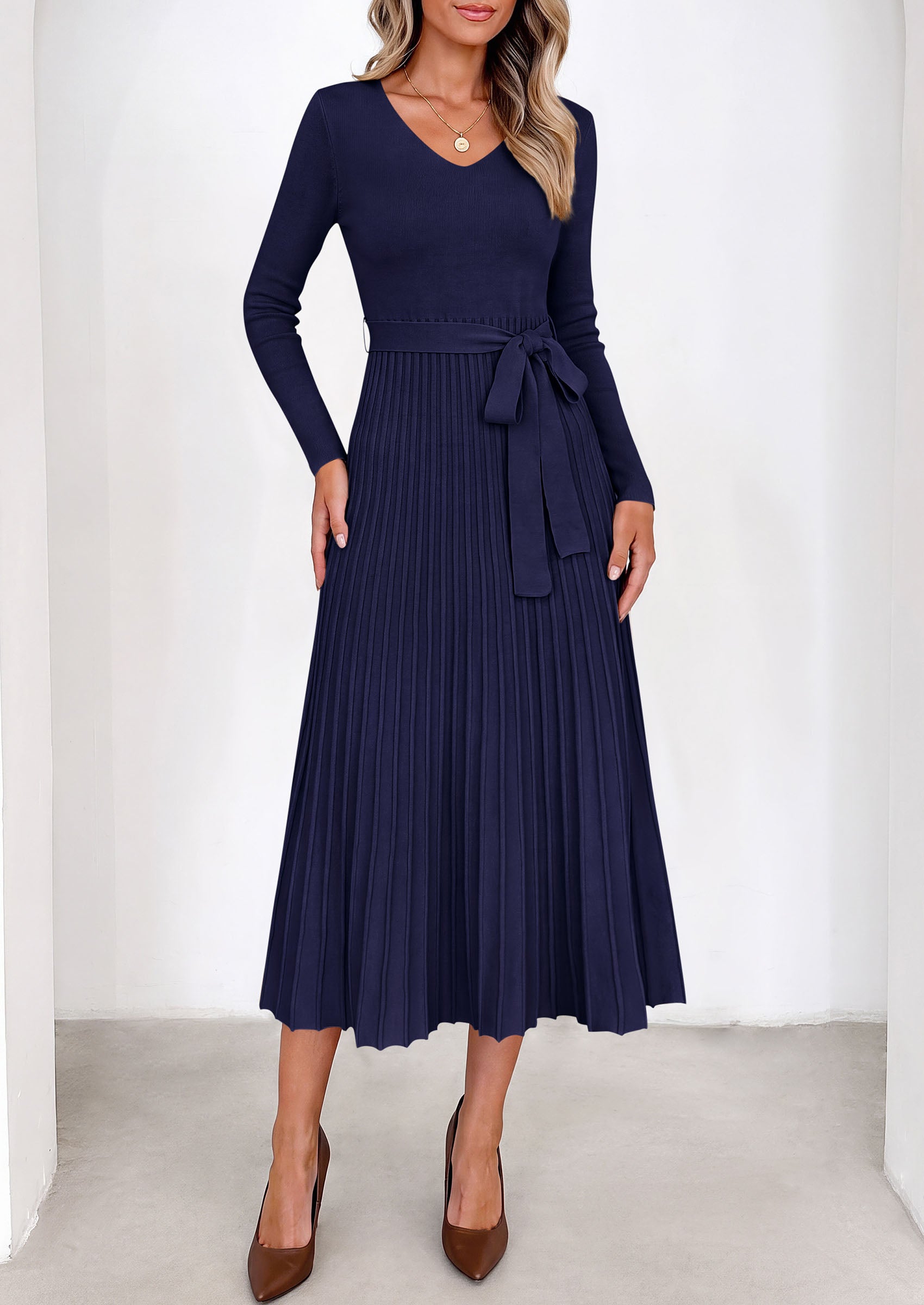 PRETTYGARDEN Womens Fall Maxi Long Sleeve Sweater Dress  Soft Stretchy Knit, V Neck A Line Dresses with Bow, Flowy Pleated Hem, Cocktail Party Outfits, Trendy Winter Clothes