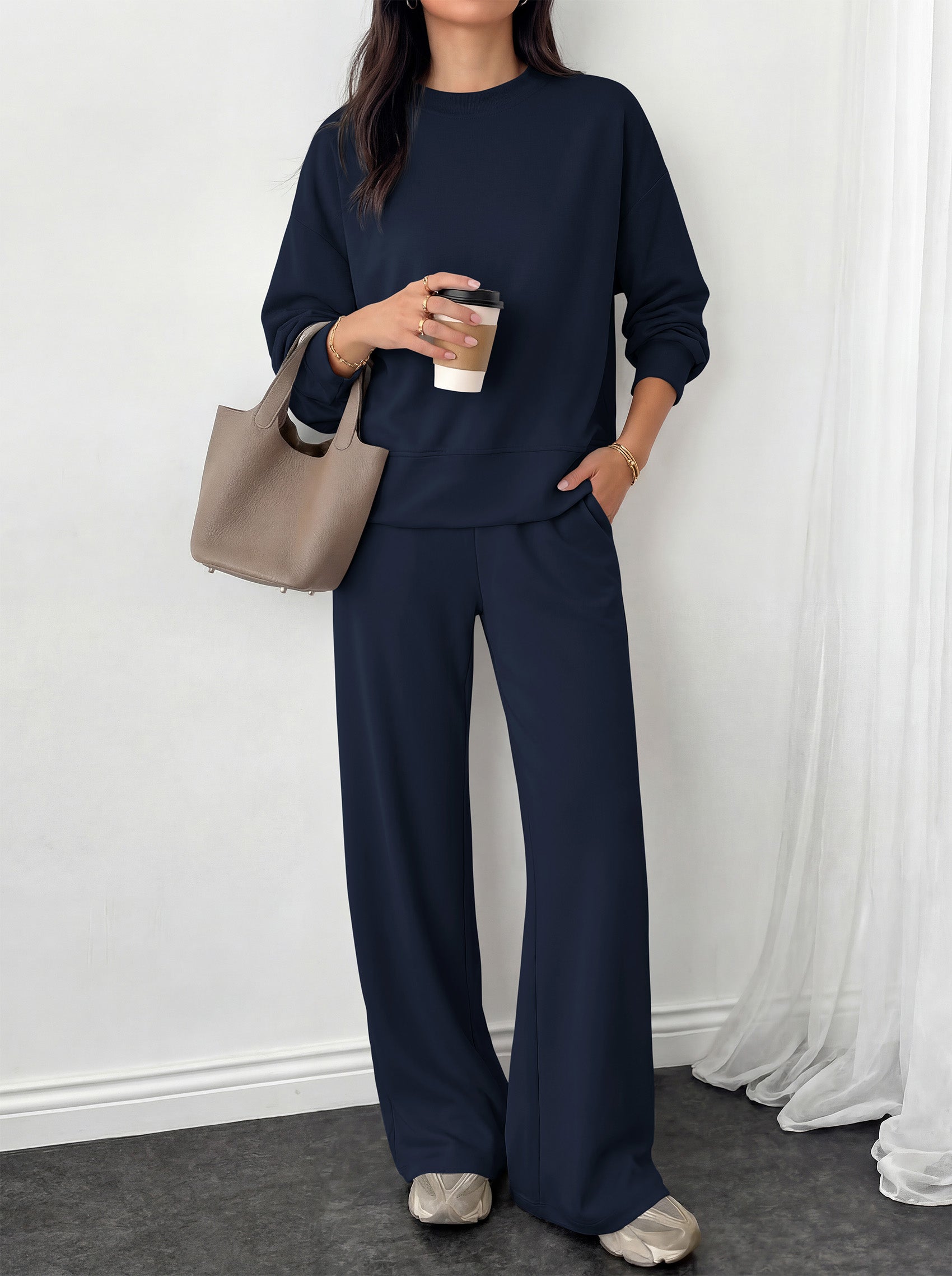 PRETTYGARDEN Womens 2 Piece Outfits Fall Sweatsuits Matching Lounge Sets  | Crewneck Long Sleeve Sweatshirt, Wide Leg Pants Sets with Pockets & Drawstring, Casual Tracksuit, Travel Airport Outfits 2026