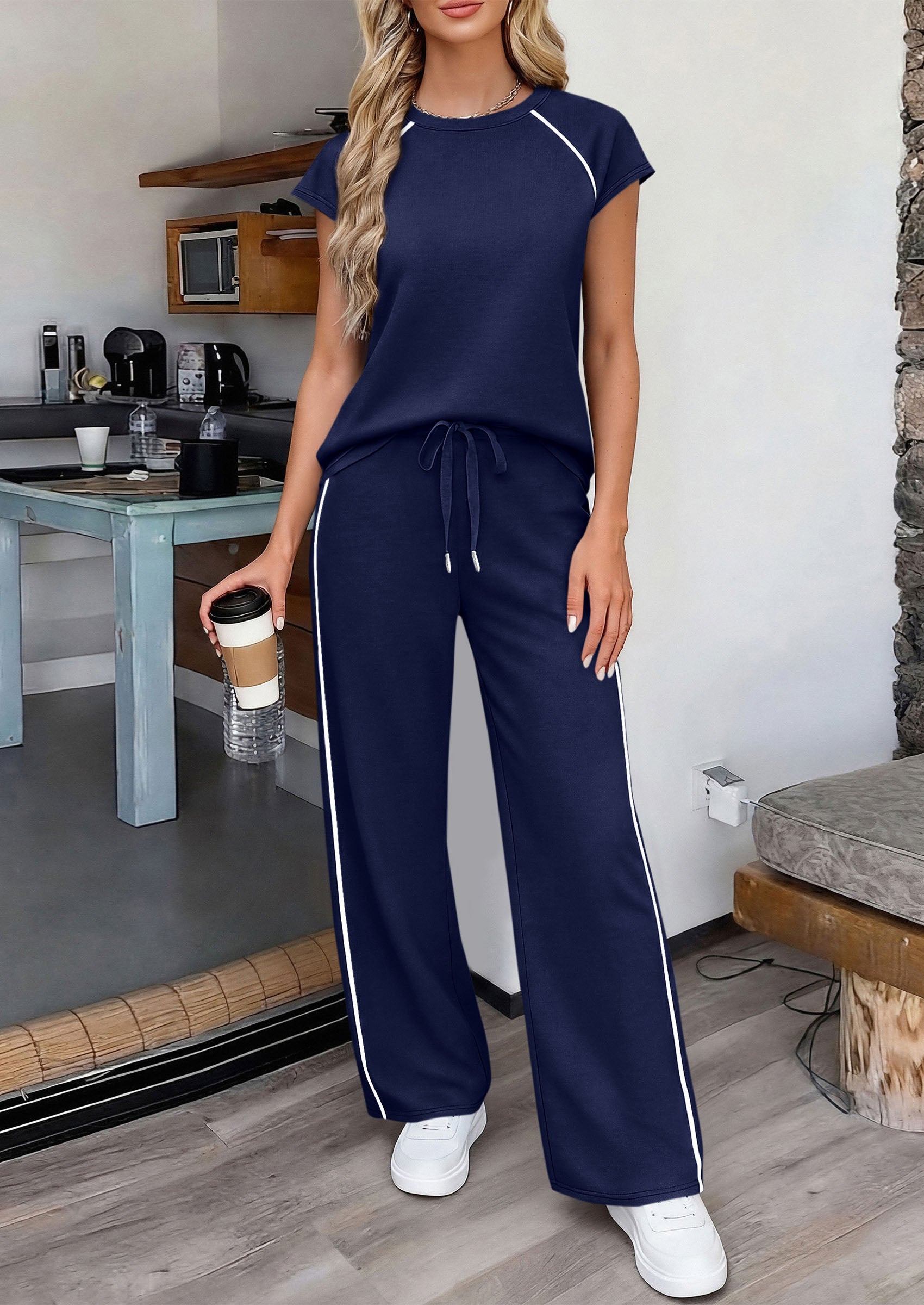 PRETTYGARDEN Women's 2 Piece Lounge Sets 2026 Summer Cap Sleeve Tops Wide Leg Pants Travel Outfits Matching Fashion Clothing PRETTYGARDEN
